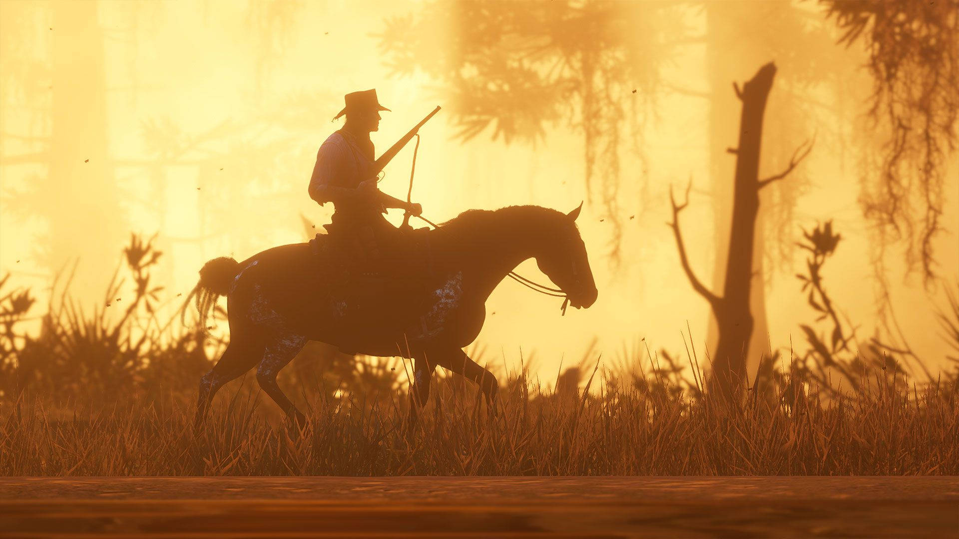 Horse Red Dead Redemption 2, golden sunset, tall grass, Full HD Desktop Wallpaper