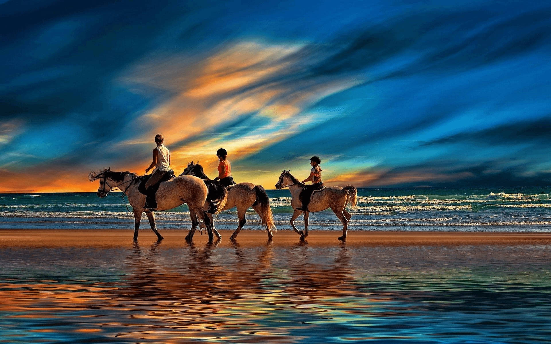 Horse Riding, family, beach, Full HD Desktop Wallpaper