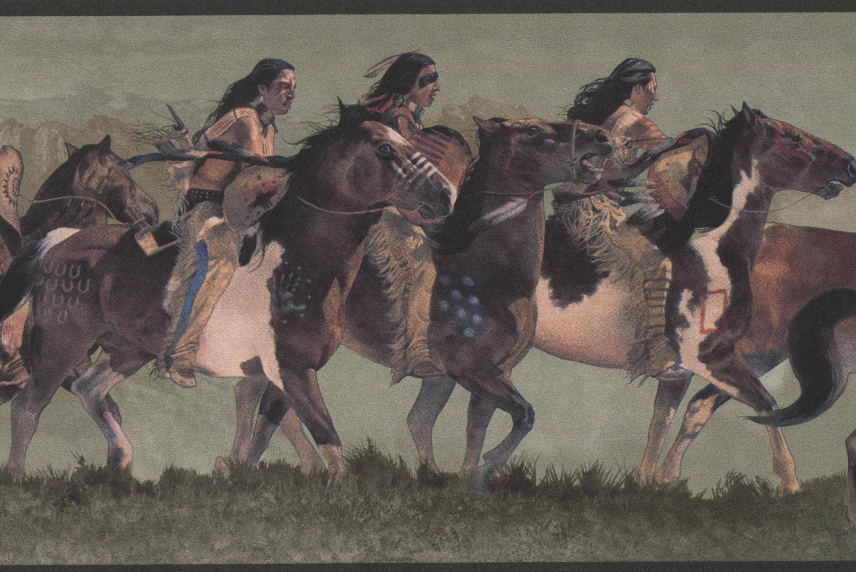 Native American warriors, spirited horses, grassy plain, 2K Desktop Wallpaper