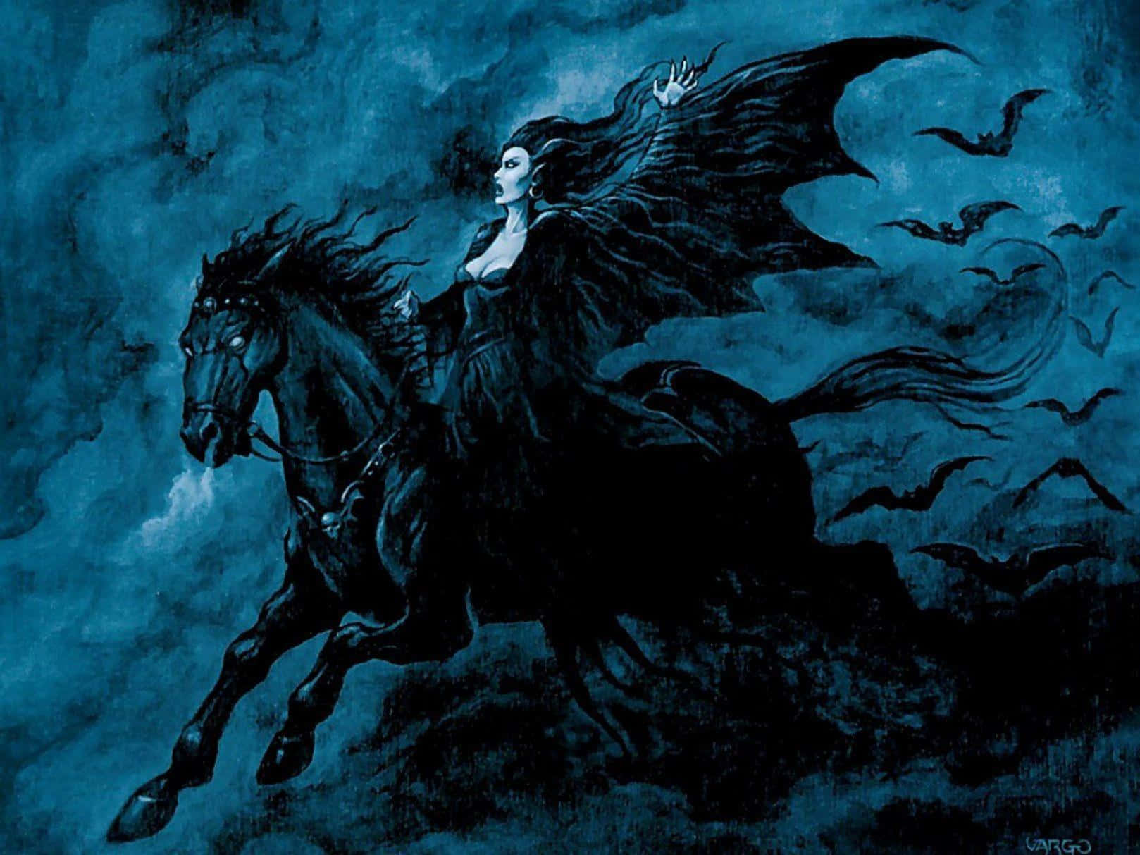 dark-winged woman, galloping horse, stormy blue night sky, HD Desktop Wallpaper