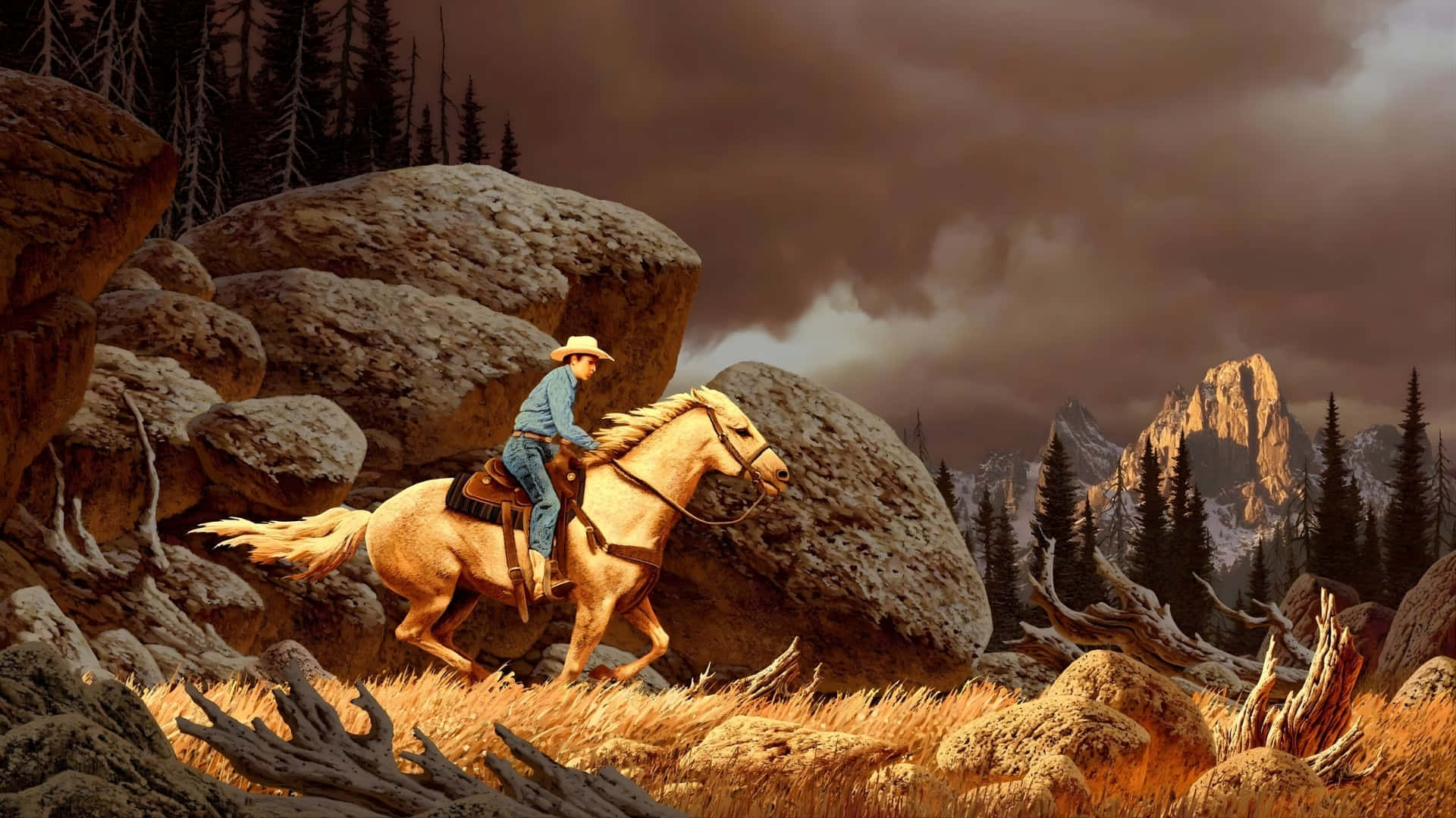 vintage cowboy, light brown horse, rocky mountain pass, Full HD Desktop Wallpaper