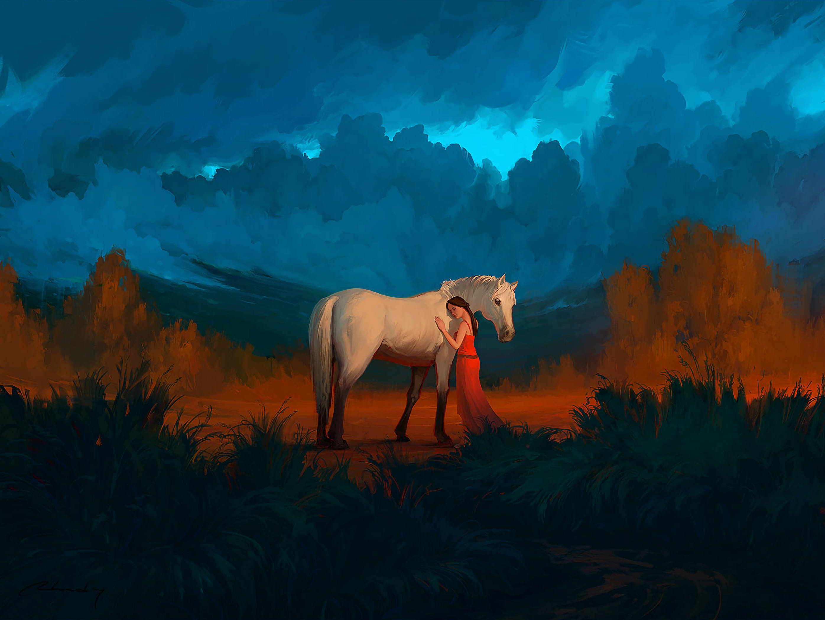 girl, horse, red dress, 2K Desktop Wallpaper