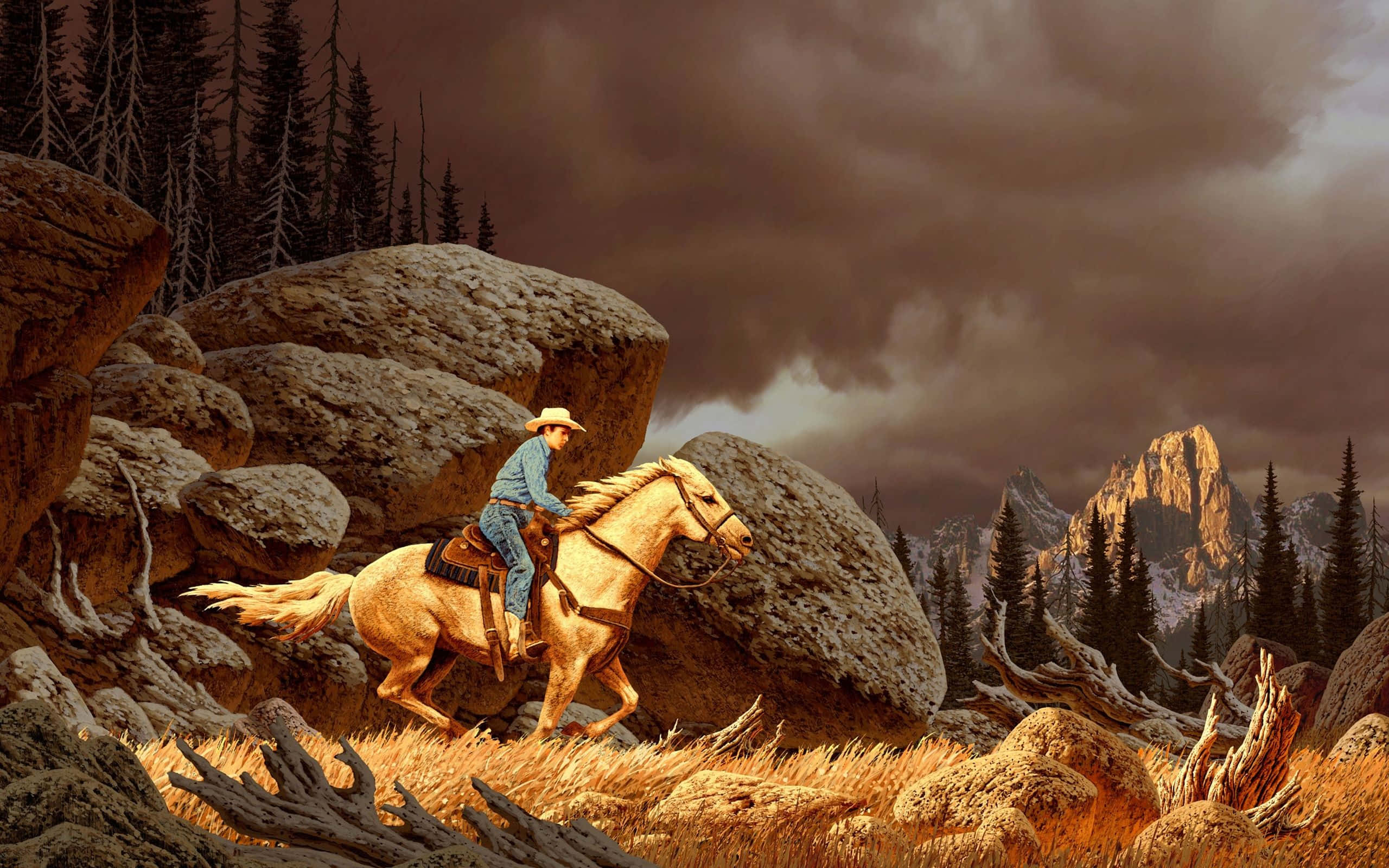 western cowboy, light brown horse, rugged mountain landscape, 2K Desktop Wallpaper