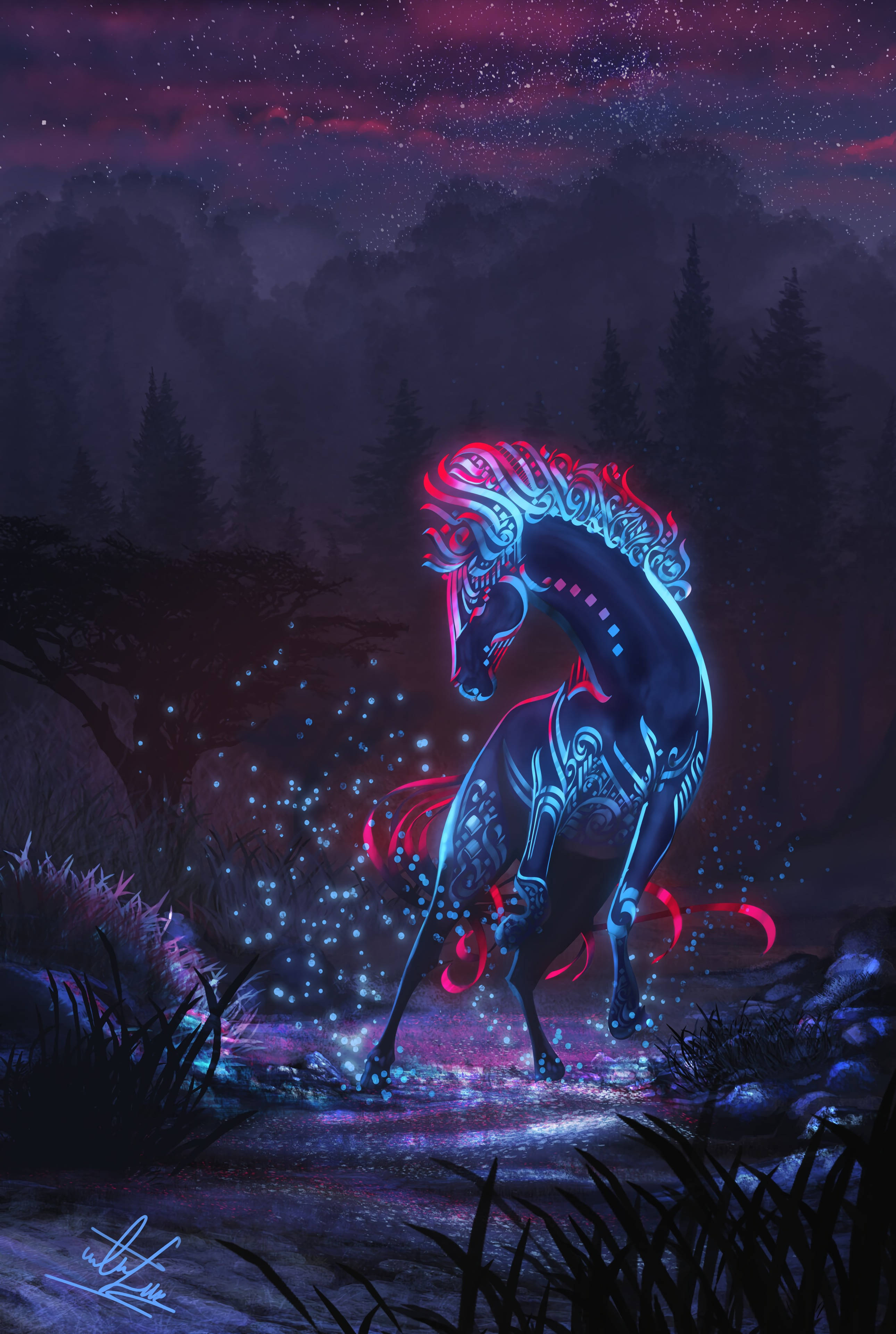fantasy tribal horse, glowing blue, glowing red, 4K Phone Wallpaper