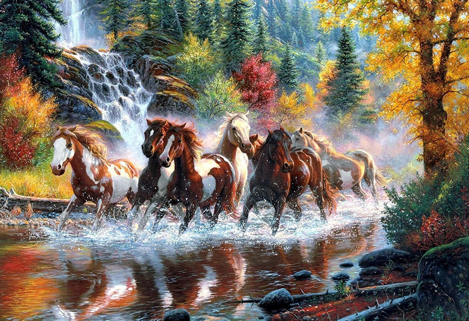 7 horses, forest river, cascading waterfall, HD Desktop Wallpaper