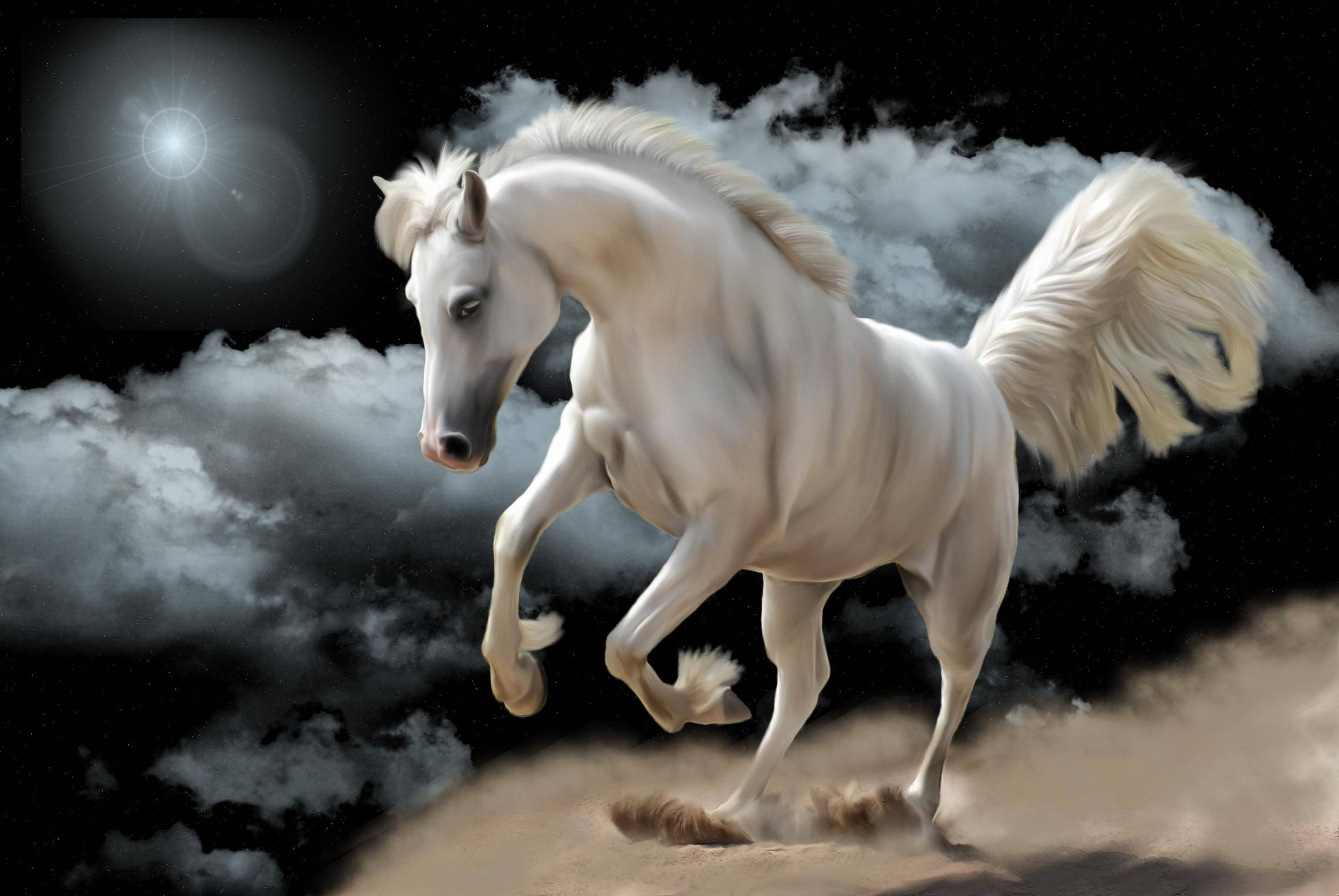 white horse, gallops through clouds, bright celestial light, Full HD Desktop Wallpaper