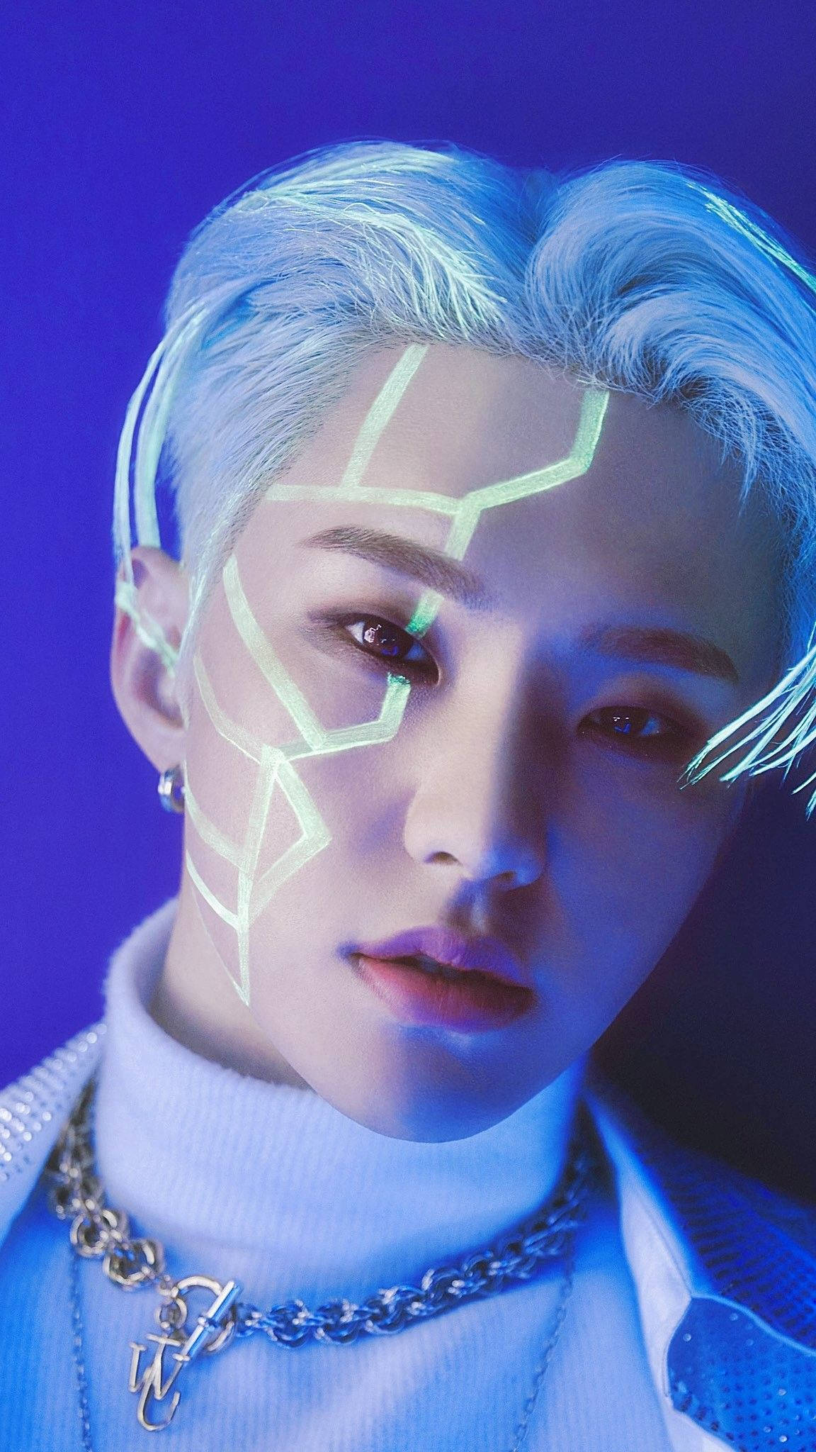 Hoshi, glowing geometric face markings, blue hair, Full HD Phone Wallpaper