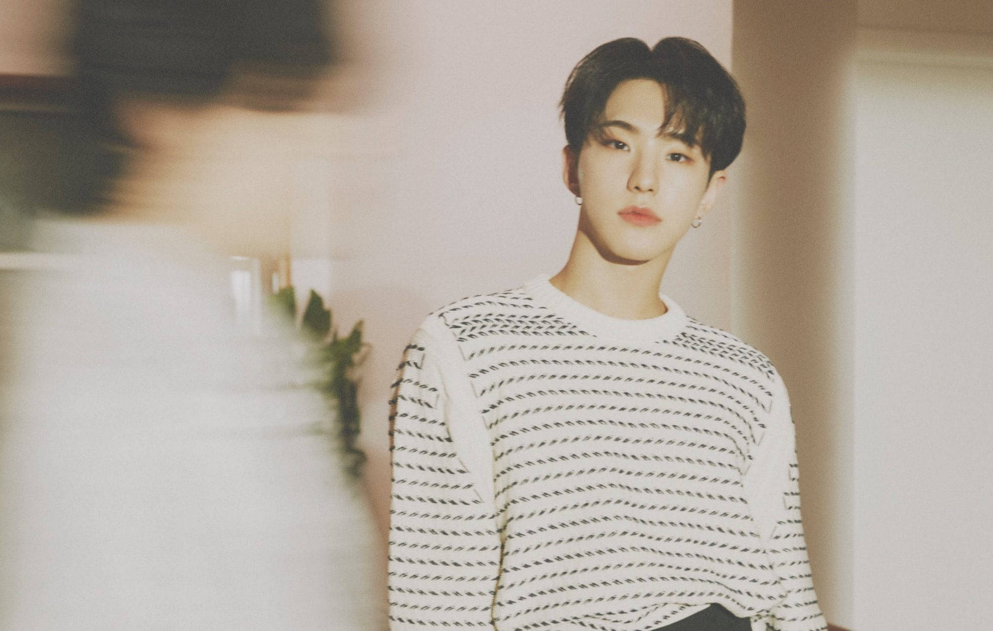 Hoshi, black and white striped sweater, softly lit indoor space, Full HD Desktop Wallpaper