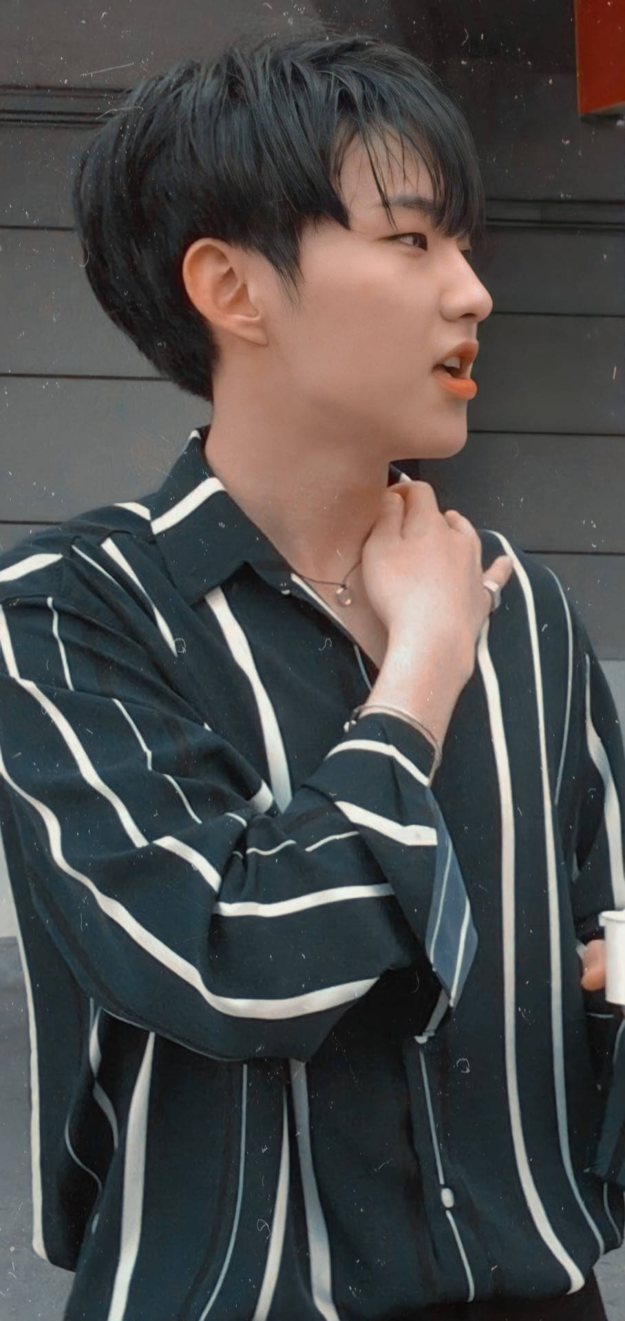 Hoshi, black and white striped shirt, gray wooden wall, Full HD Phone Wallpaper