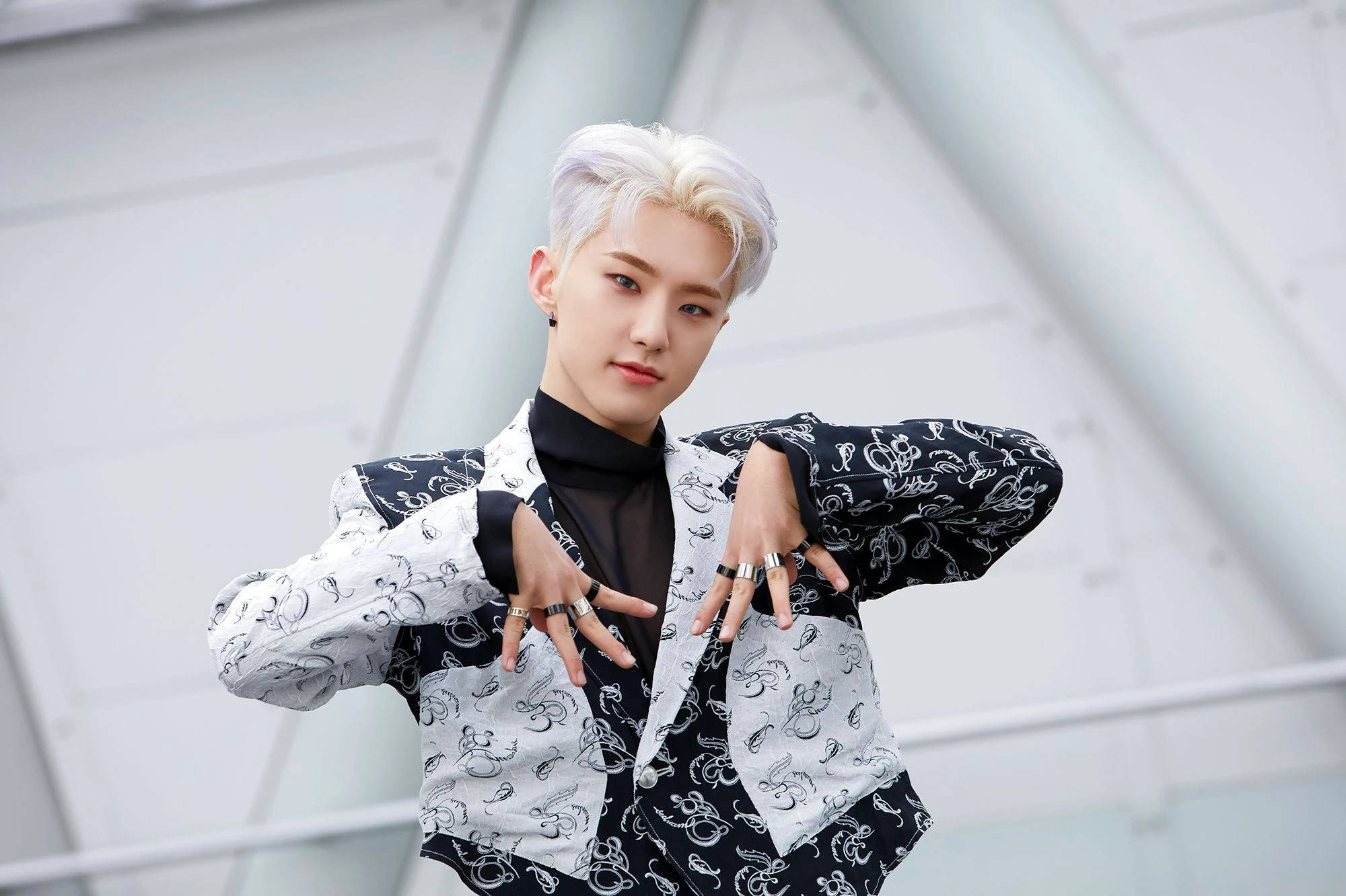 Hoshi, platinum blonde hair, black and white patterned blazer, Full HD Desktop Wallpaper