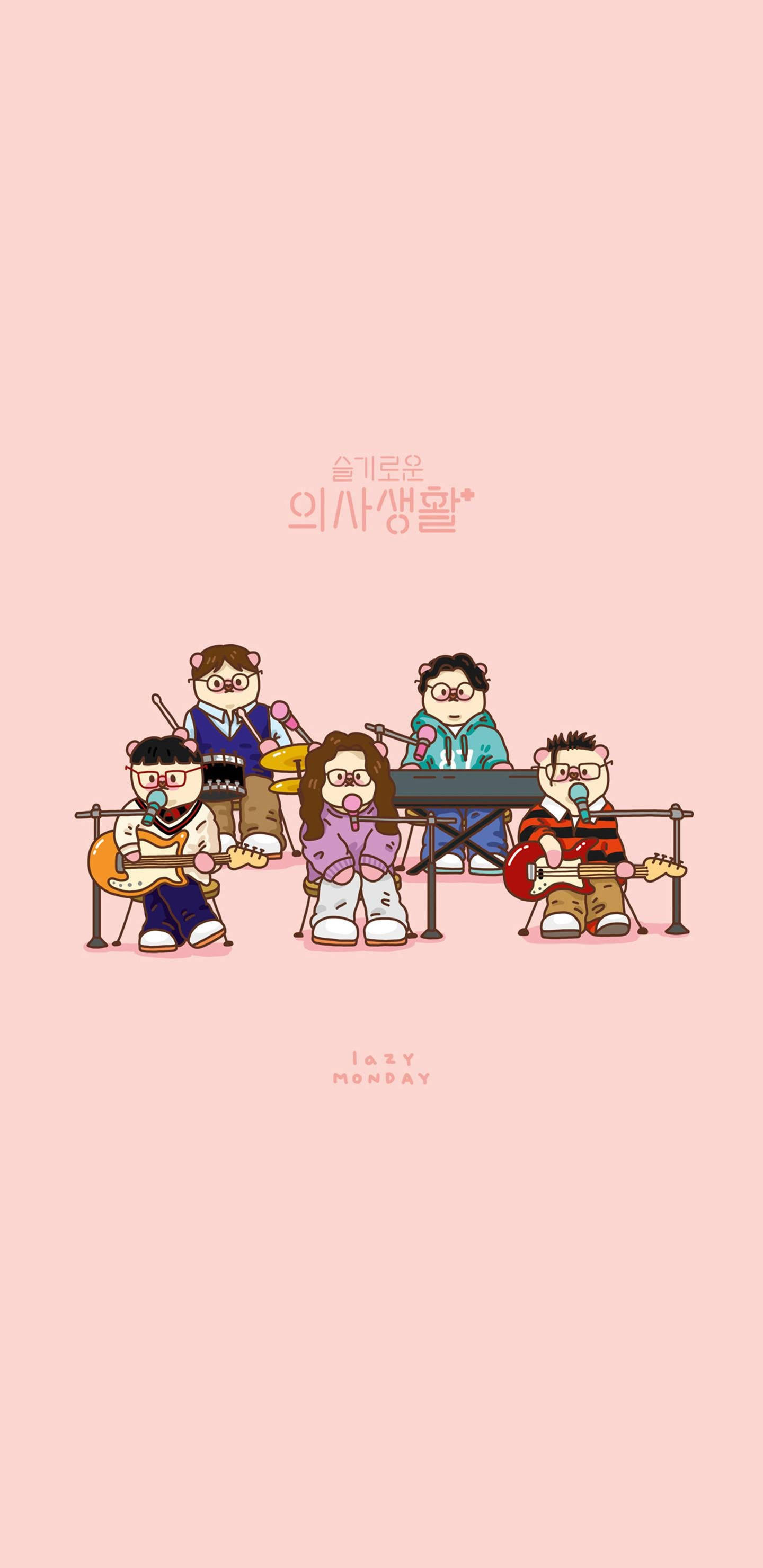 Hospital Playlist, band cartoon, pink background, 2K Phone Wallpaper