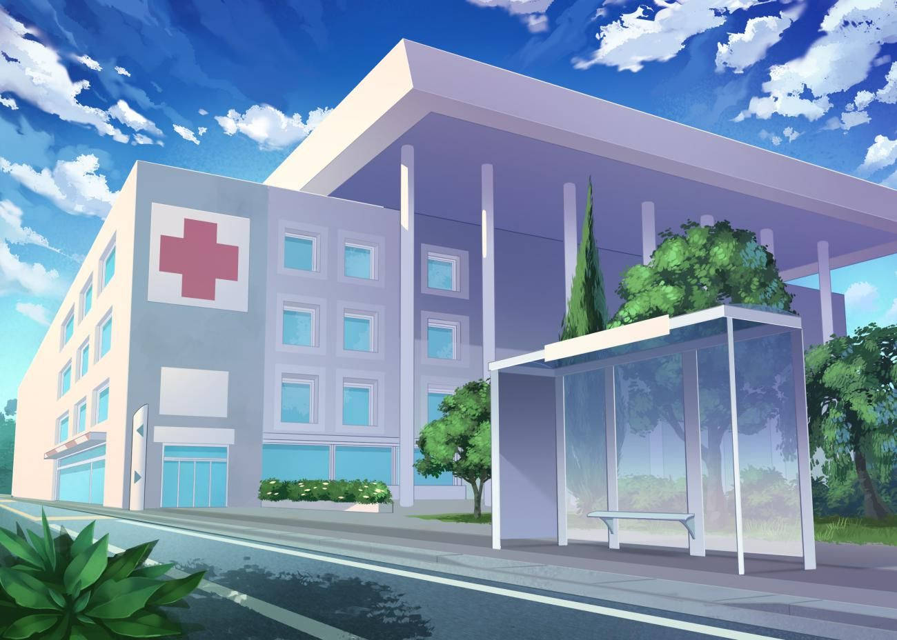 modern hospital building, red cross, bus stop, HD Desktop Wallpaper
