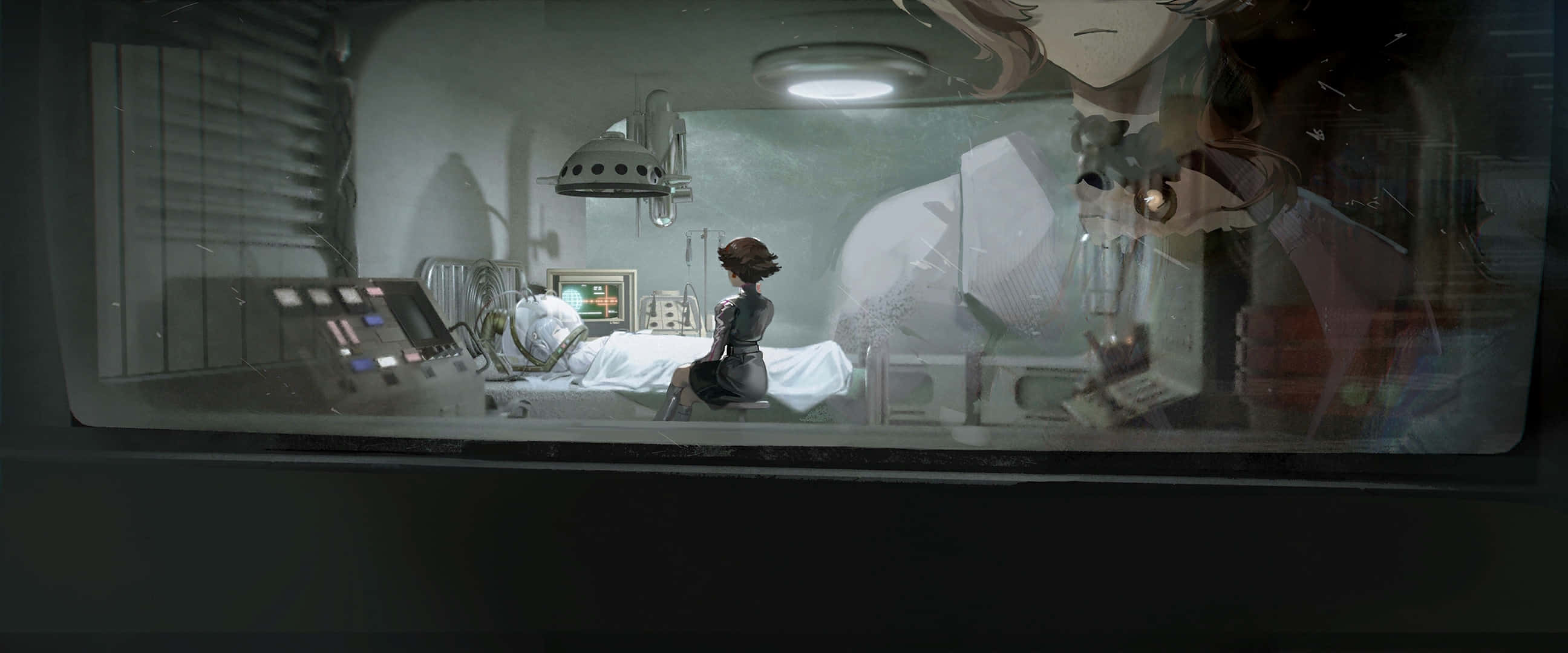 futuristic medical room, sterile hospital bed, reflective window, 2K Desktop Wallpaper