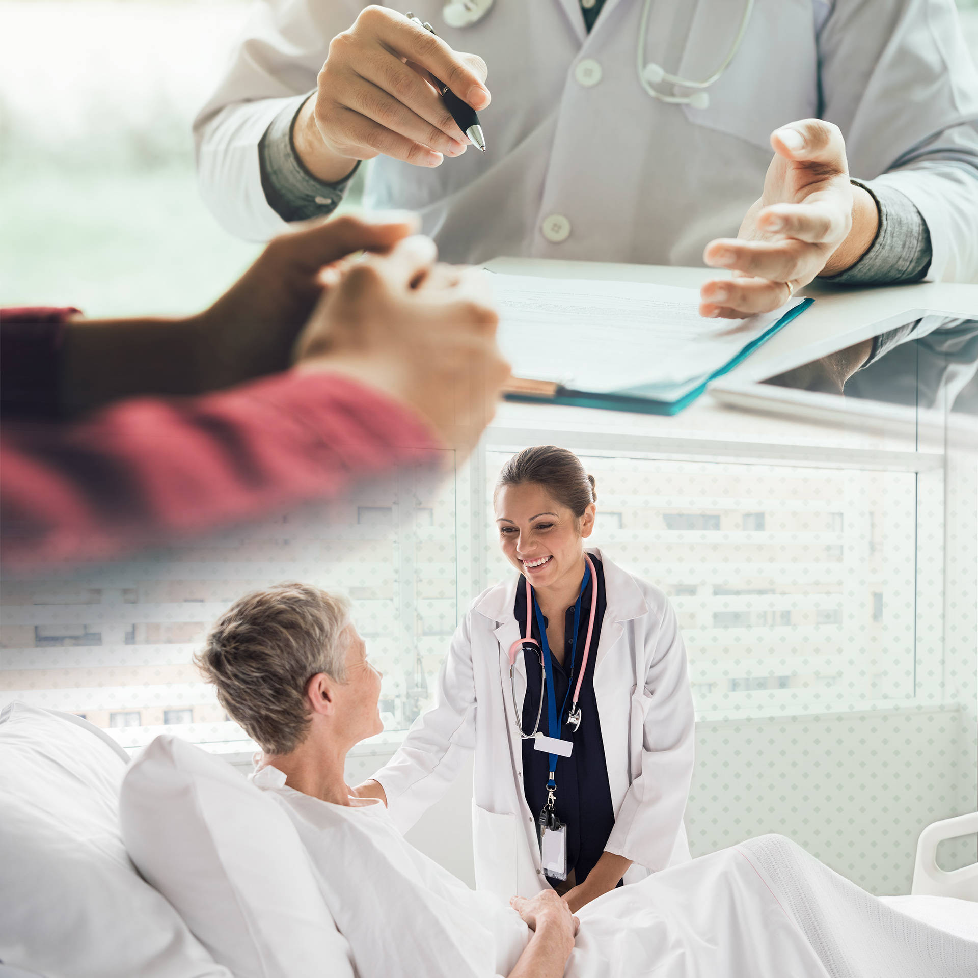 female doctor, elderly patient, hospital bed, Full HD Desktop Wallpaper