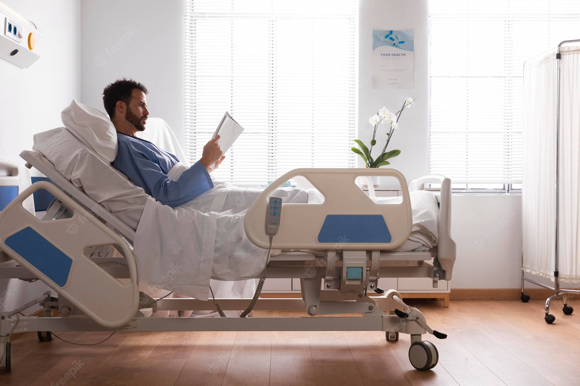 hospital gown, modern hospital bed, window with blinds, Full HD Desktop Wallpaper