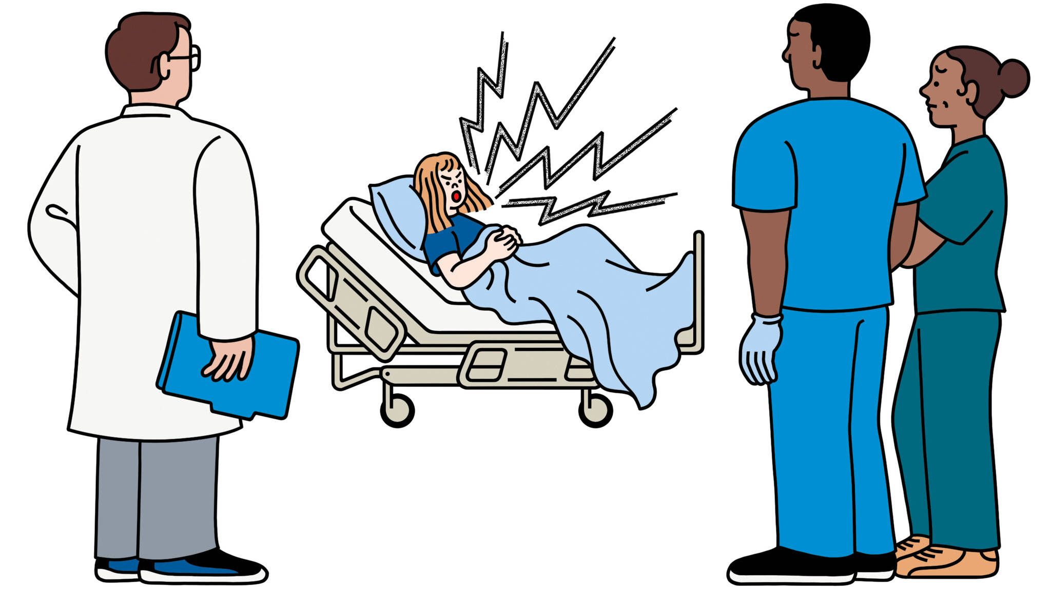 Angry Female Patient Cartoon, hospital bed, doctor, Full HD Desktop Wallpaper
