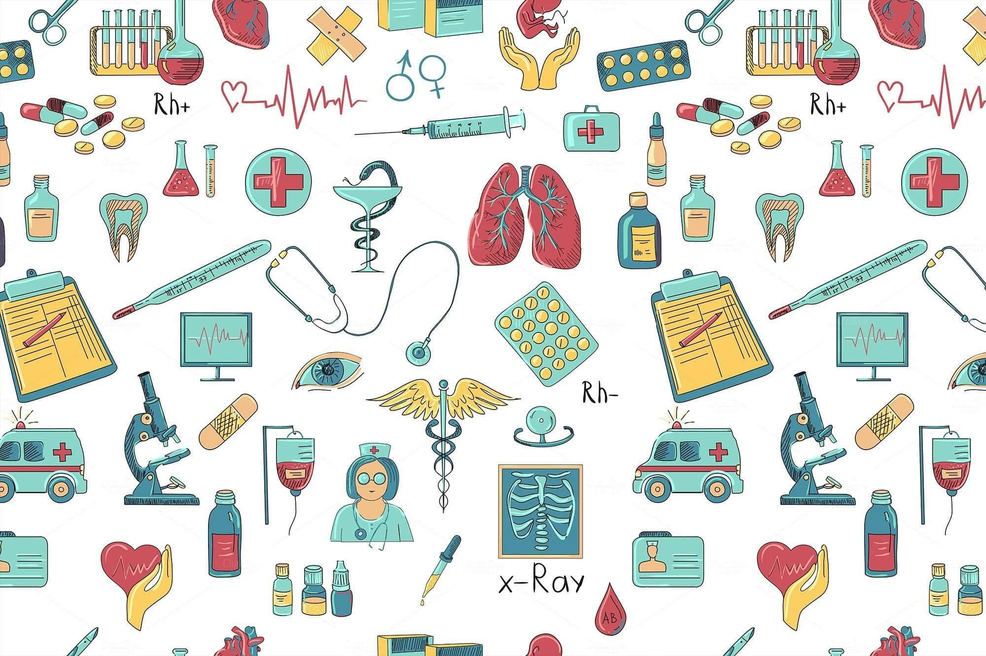 nursing medical illustration pattern, cartoon medical icons, hearts, Full HD Desktop Wallpaper