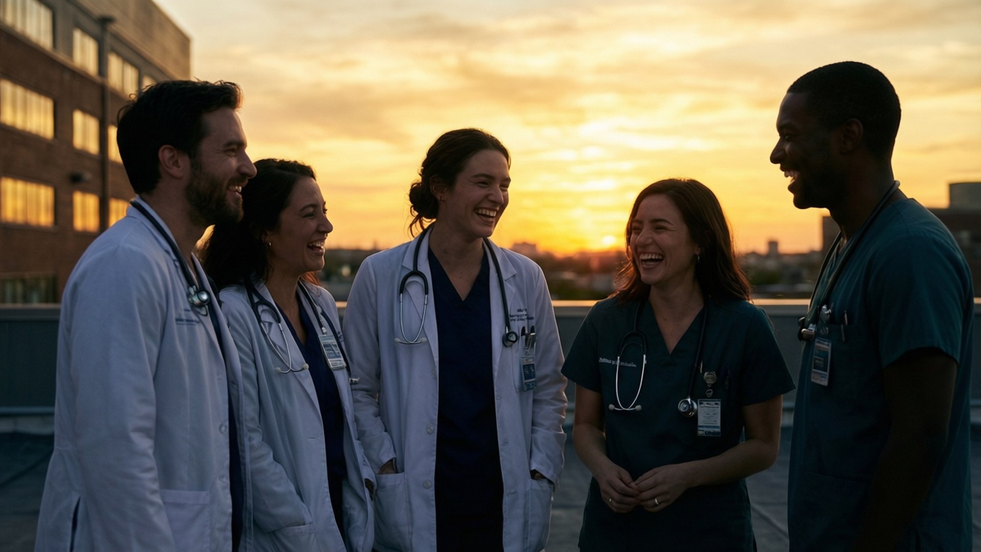 rooftop, sunset, golden hour, Full HD Desktop Wallpaper