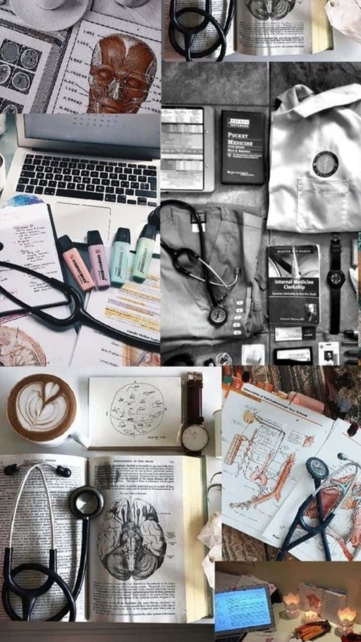 nursing study aesthetic, stethoscopes, anatomy books, HD Phone Wallpaper