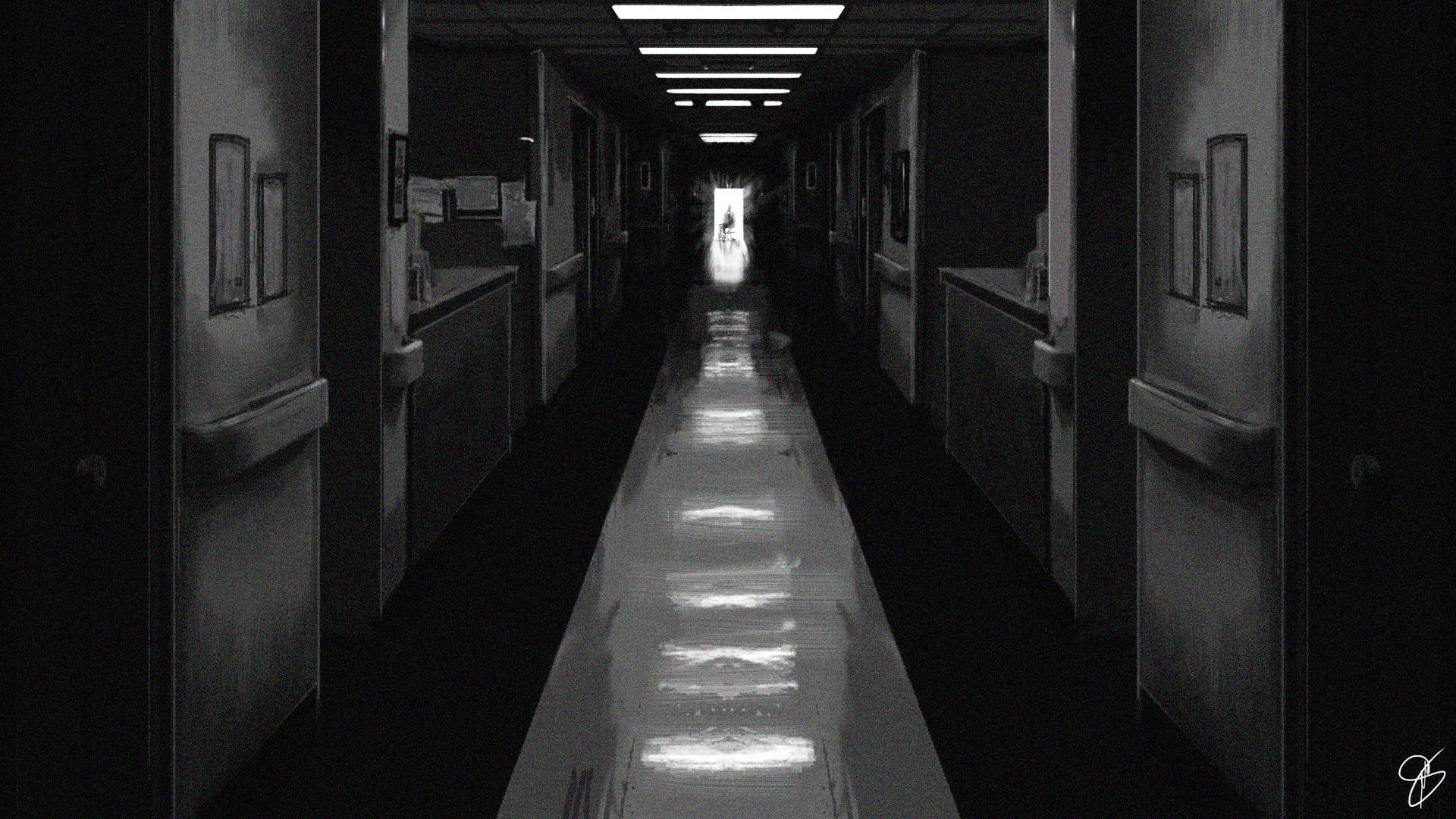 hospital hallway, dimly lit, reflective floor, Full HD Desktop Wallpaper