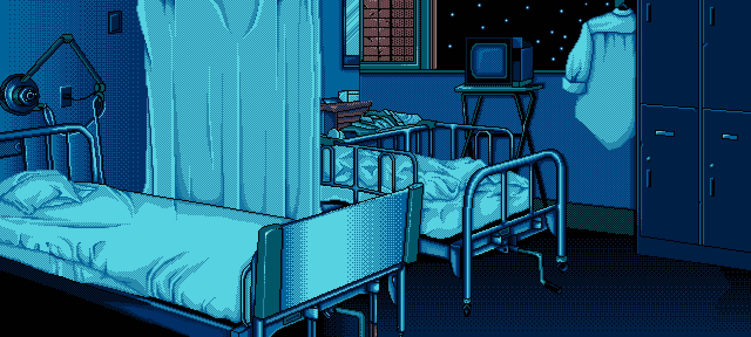 retro pixel art, hospital bed, night sky, 2K Desktop Wallpaper