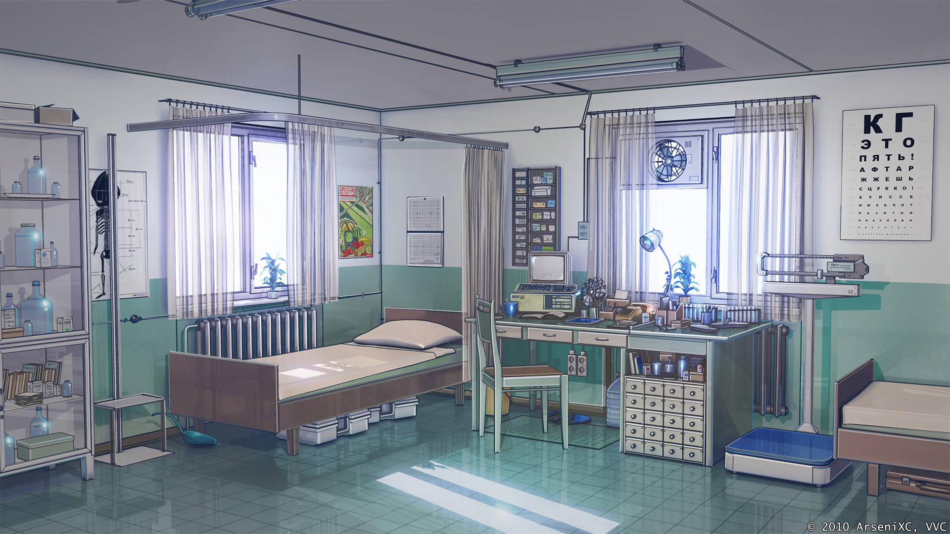cozy hospital room, retro-style, green tiled floors, Full HD Desktop Wallpaper