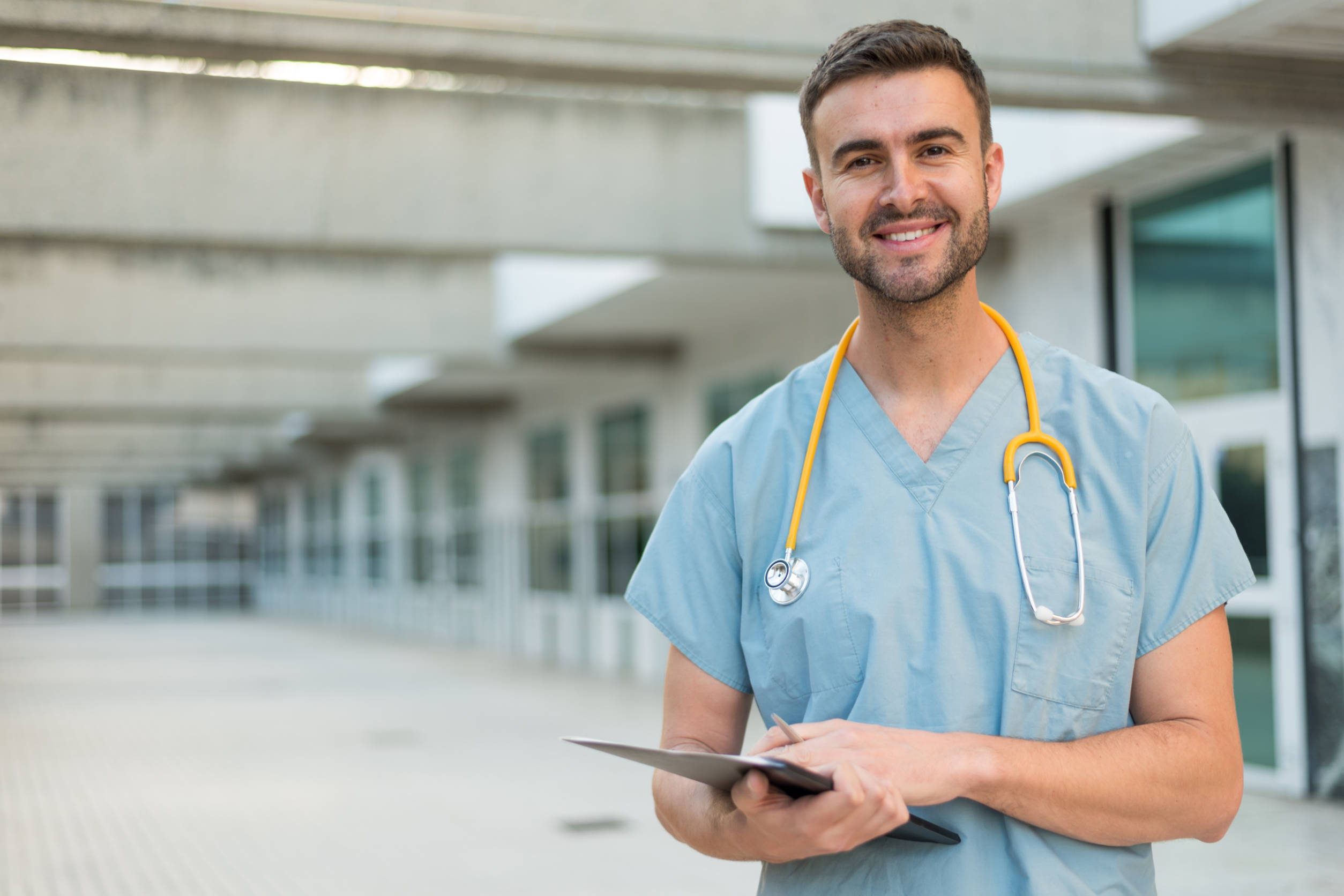 male nurse, light blue scrubs, yellow stethoscope, Full HD Desktop Wallpaper