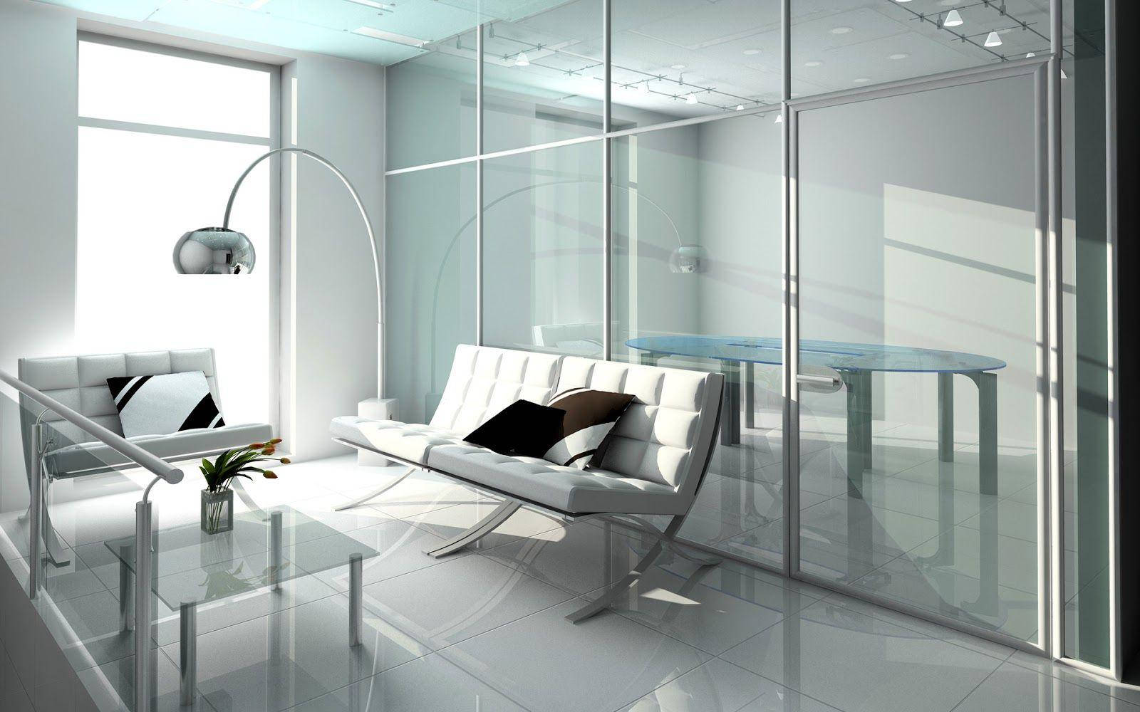 modern hospital visitors lounge area, white leather sofas, glass partitions, HD Desktop Wallpaper
