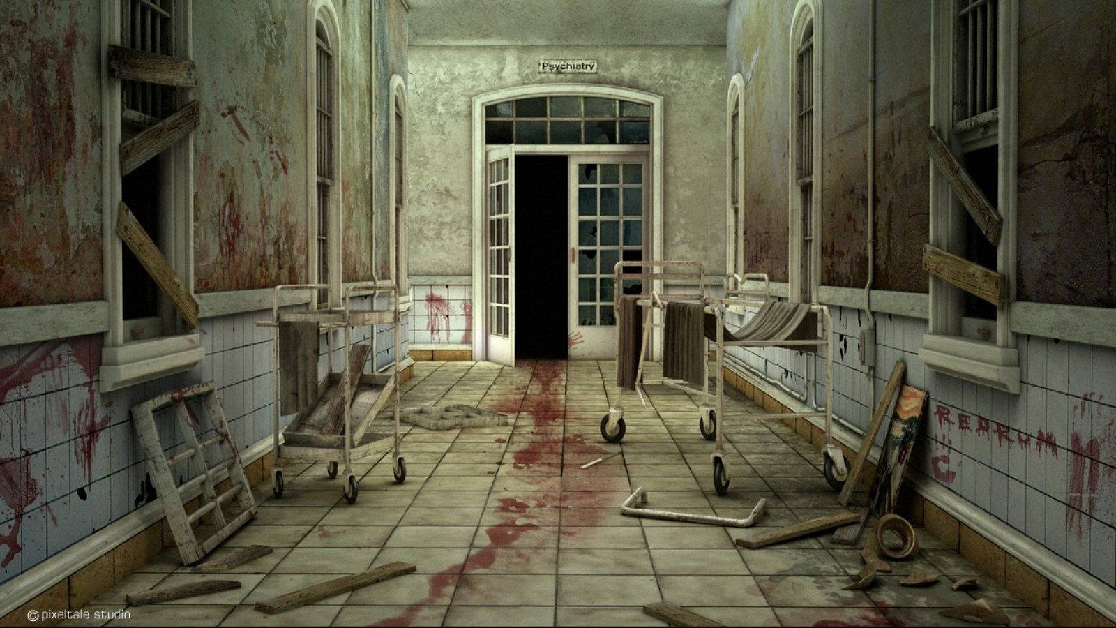 abandoned hospital, dilapidated asylum hallway, bloodstained floors, HD Desktop Wallpaper