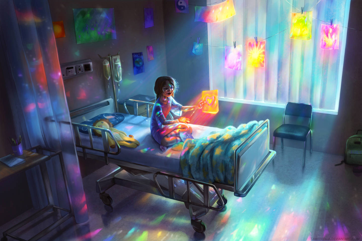 young girl, hospital bed, colorful tie-dye lights, HD Desktop Wallpaper