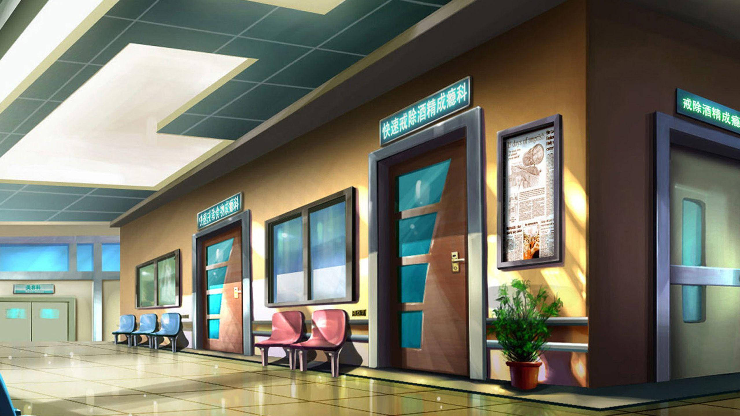 colorful family hospital hallway, bright and colorful hospital hallway, wooden doors, 2K Desktop Wallpaper