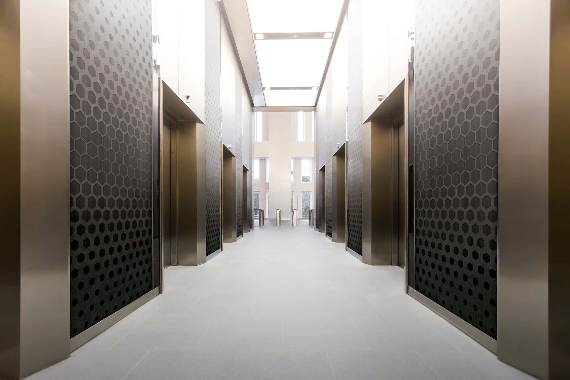 Hospitality, modern hallway, metallic elevator doors, Full HD Desktop Wallpaper