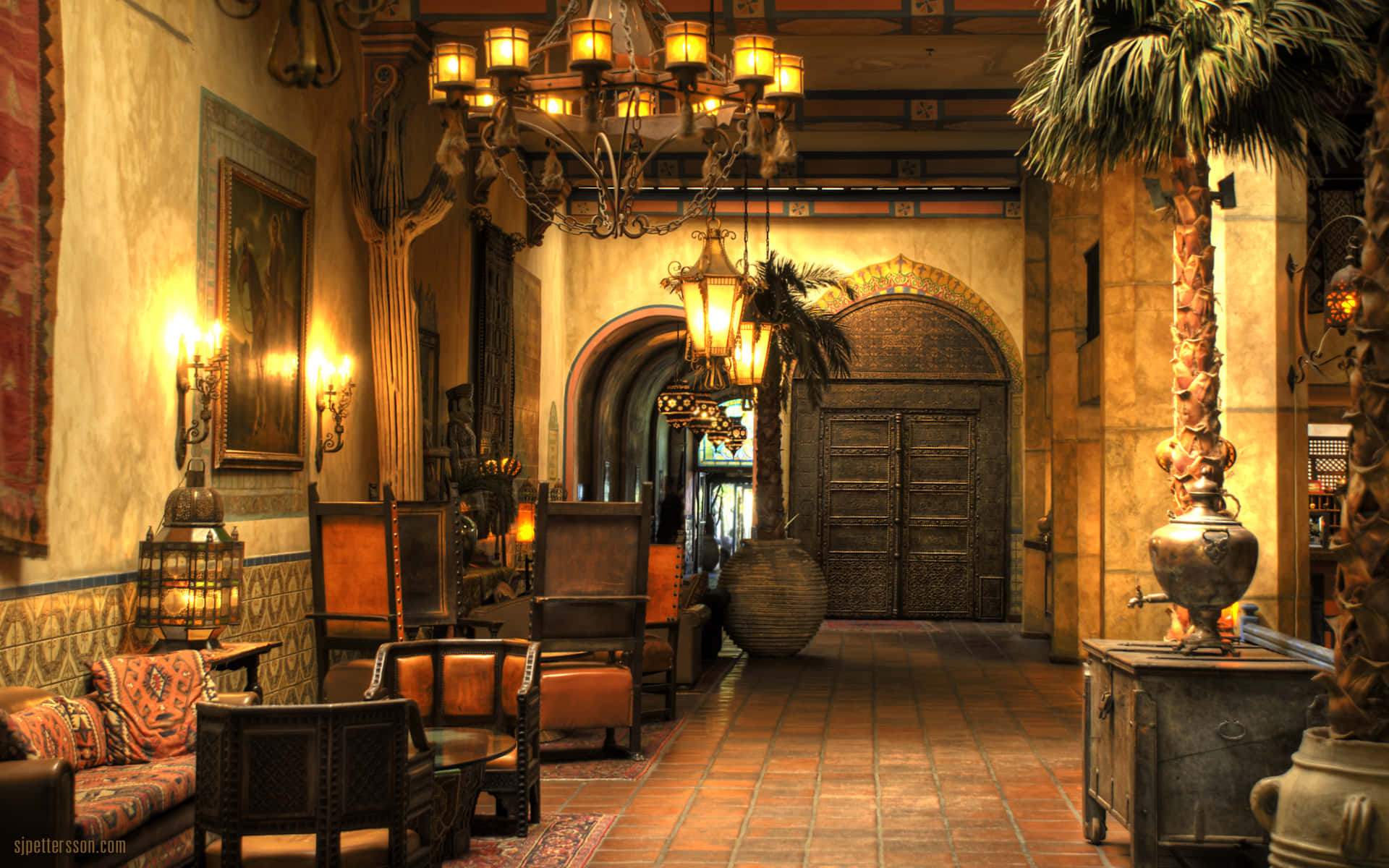 Spanish-style lobby, ornate chandeliers, tiled floors, Full HD Desktop Wallpaper