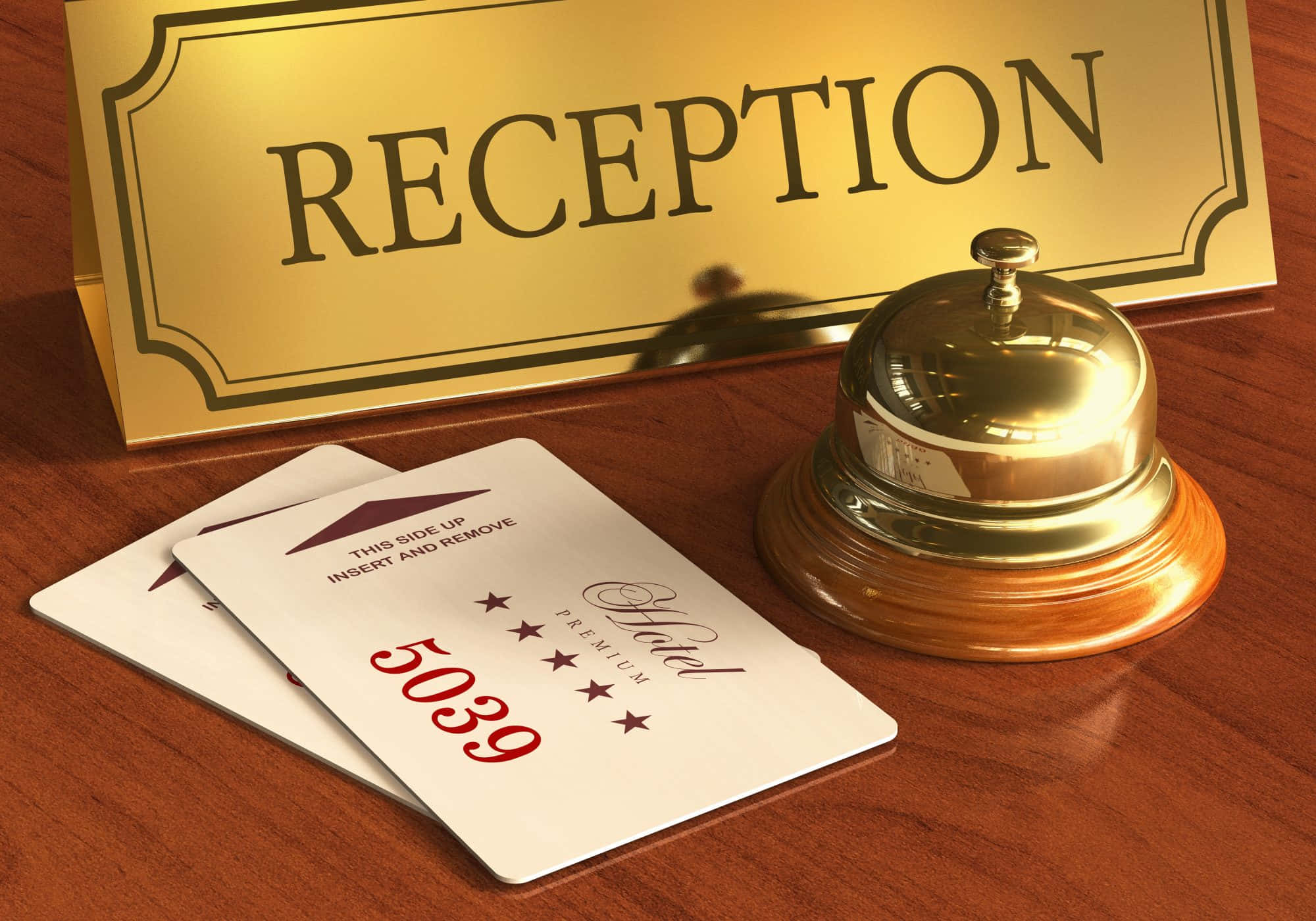 Hospitality, polished brass hotel bell, key card, Full HD Desktop Wallpaper