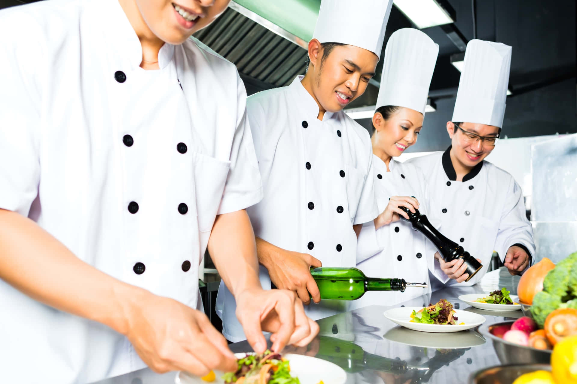 Hospitality, white uniforms, colorful salads, Full HD Desktop Wallpaper