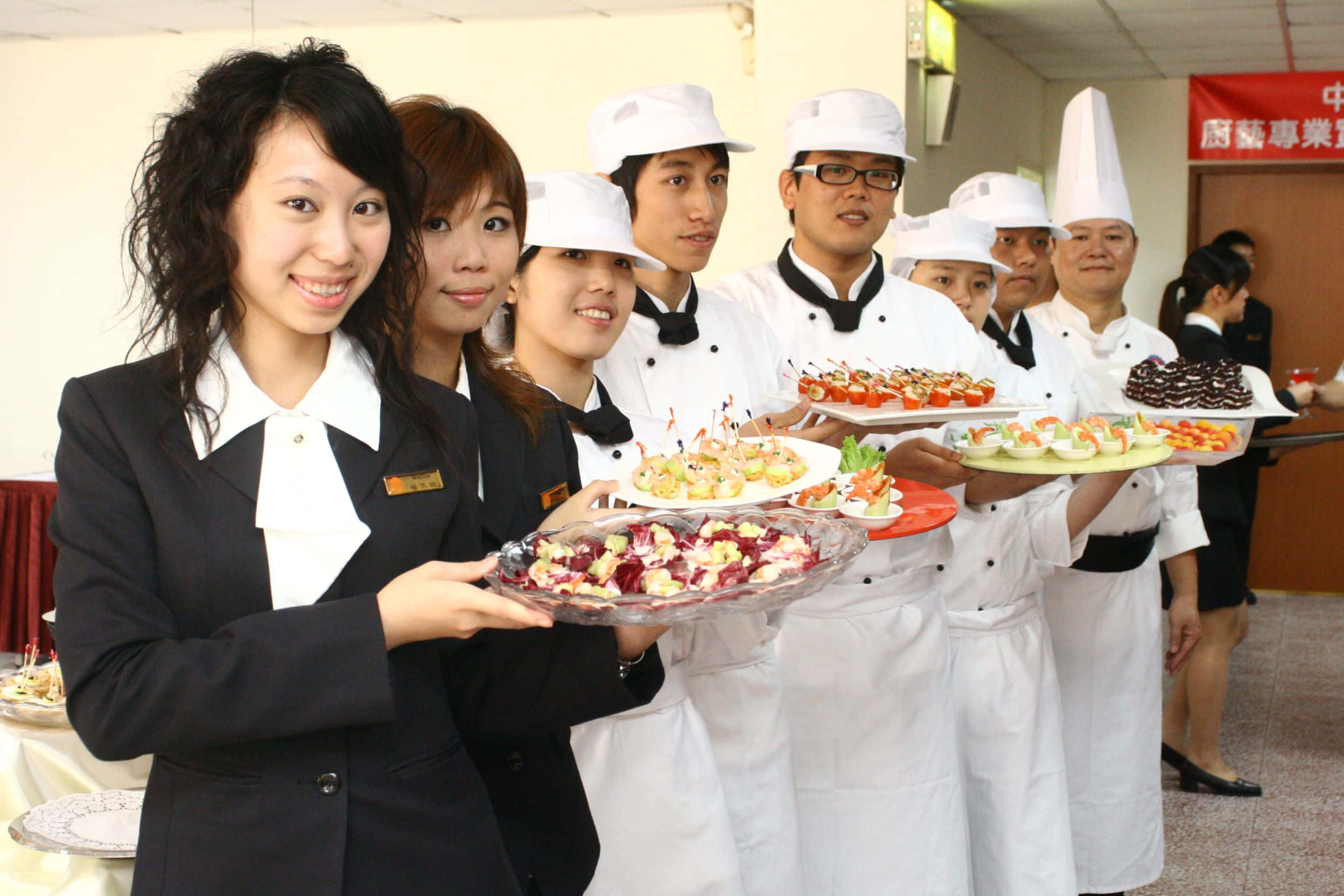 luxury hospitality, white uniforms, colorful plated appetizers, Full HD Desktop Wallpaper