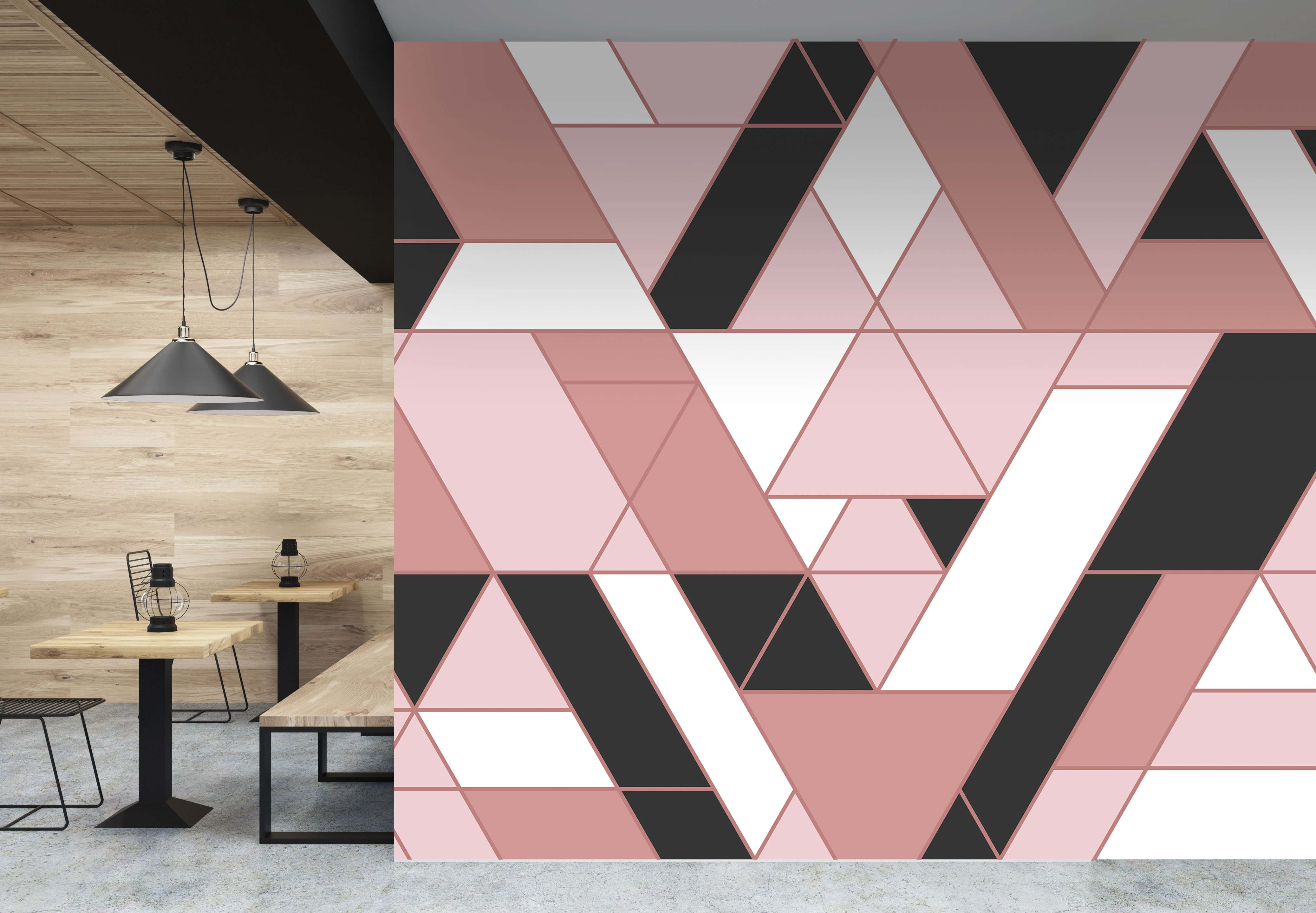 pink black and white triangles, wooden tables, black pendant lights, 4K Desktop Wallpaper