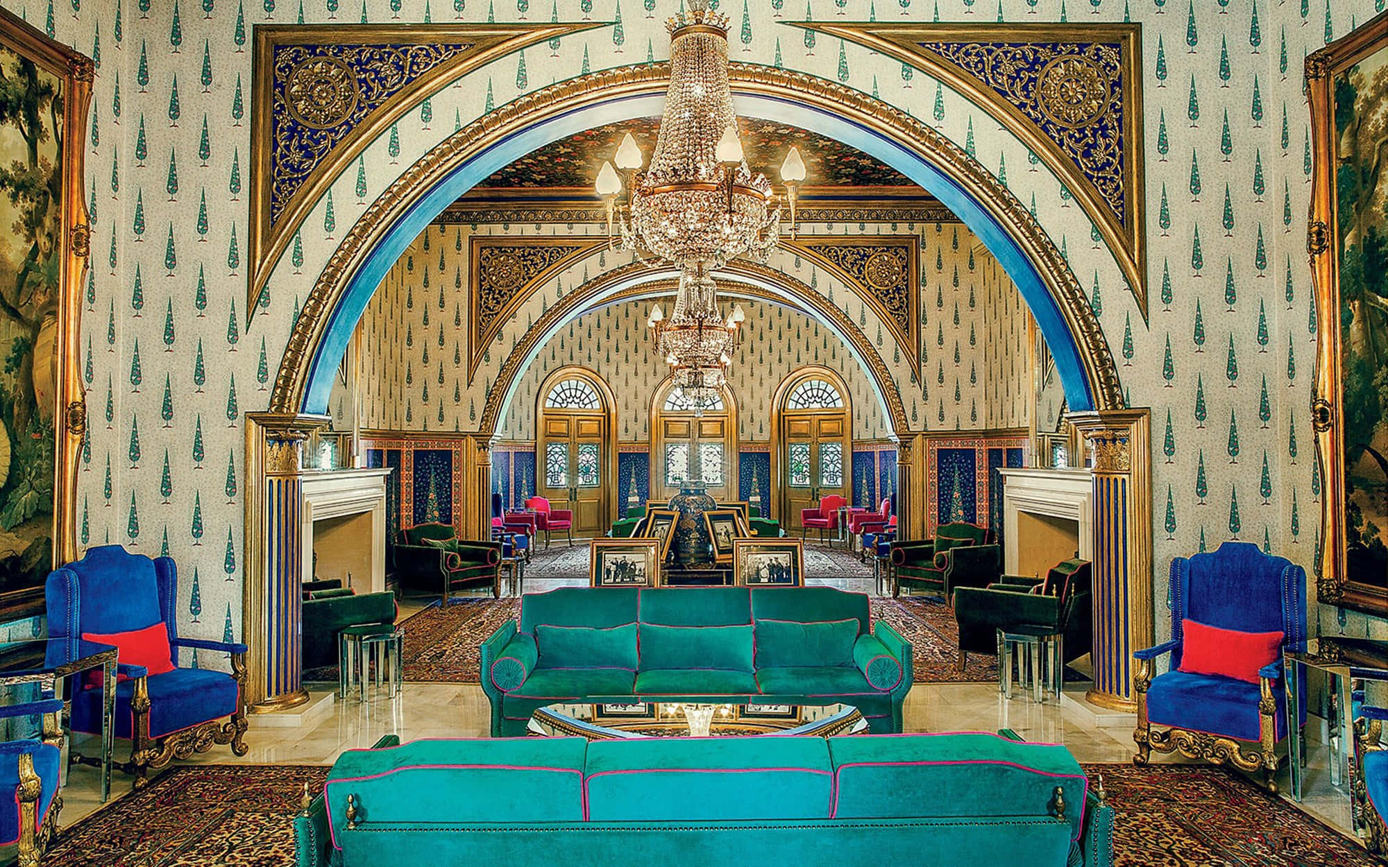 teal velvet sofas, gold arches, chandeliers, Full HD Desktop Wallpaper