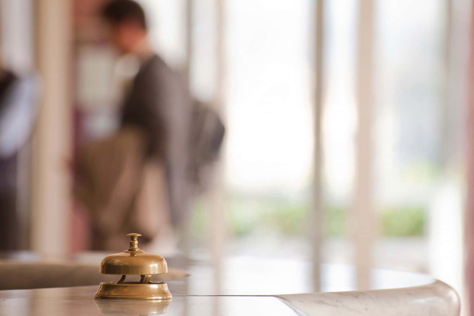 brass service bell, polished counter, blurred person, HD Desktop Wallpaper