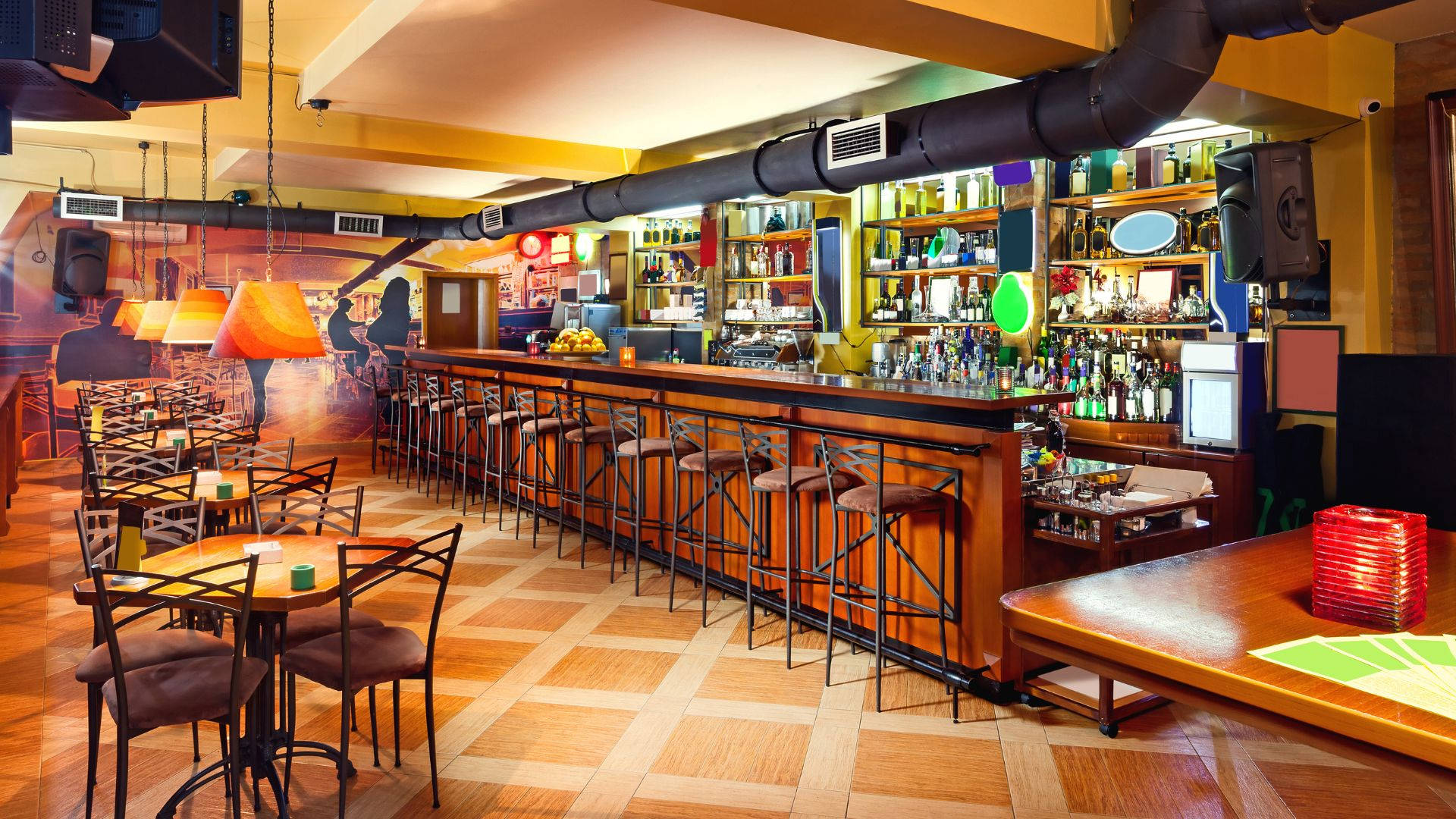elegant pub, warmly lit bar, wooden floors, Full HD Desktop Wallpaper