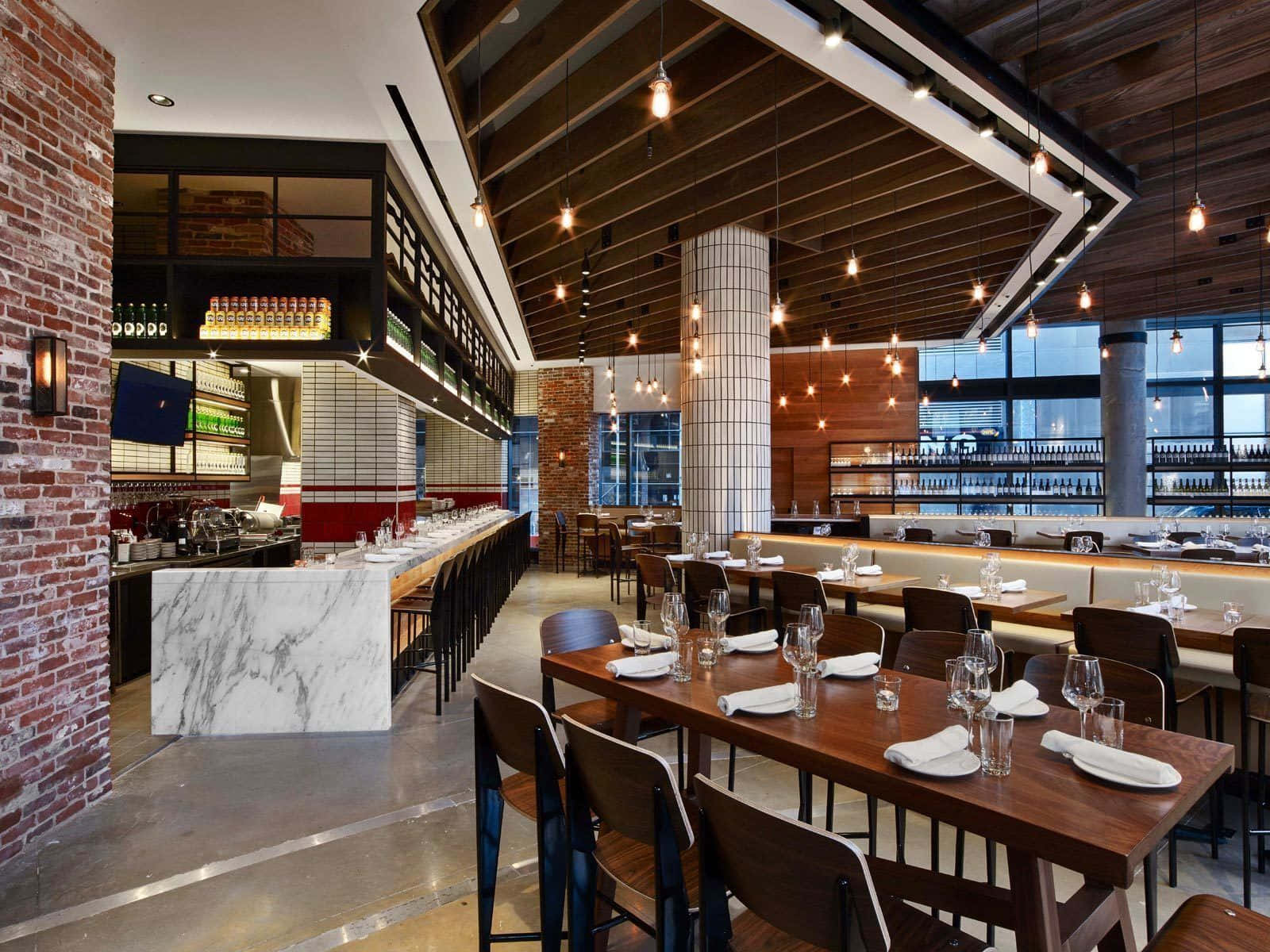 Hospitality Resort, Modern restaurant interior, Exposed brick walls, HD Desktop Wallpaper