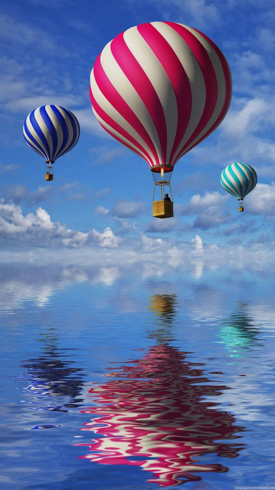 hot air balloon, colorful striped, calm water, Full HD Phone Wallpaper
