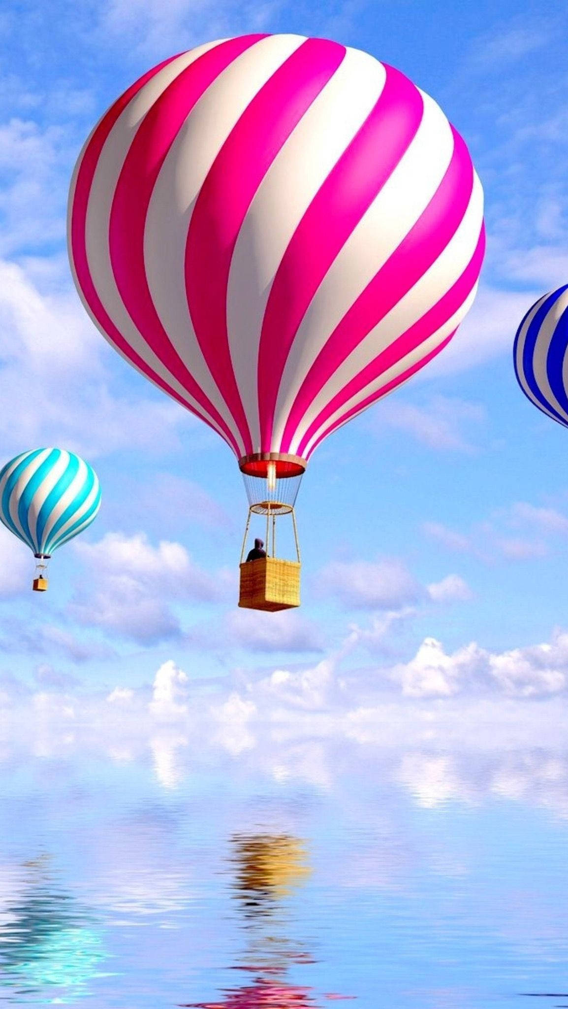hot air balloon, pink and white striped, calm blue water, Full HD Phone Wallpaper