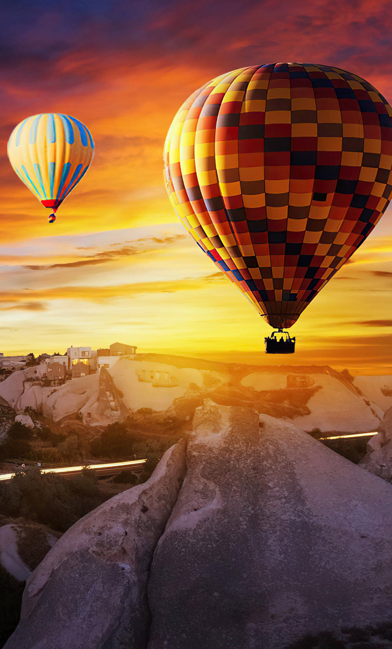 hot air balloon, orange horizon, fiery sunset, Full HD Phone Wallpaper