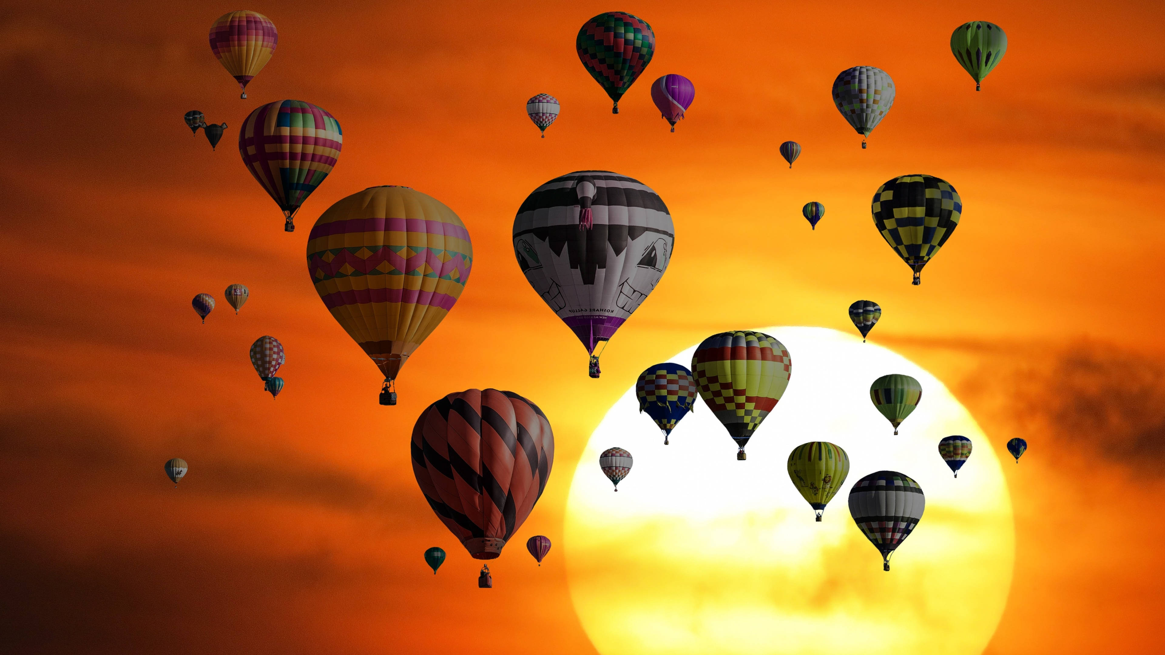 hot air balloon, large, fiery orange sunset, 4K Desktop Wallpaper