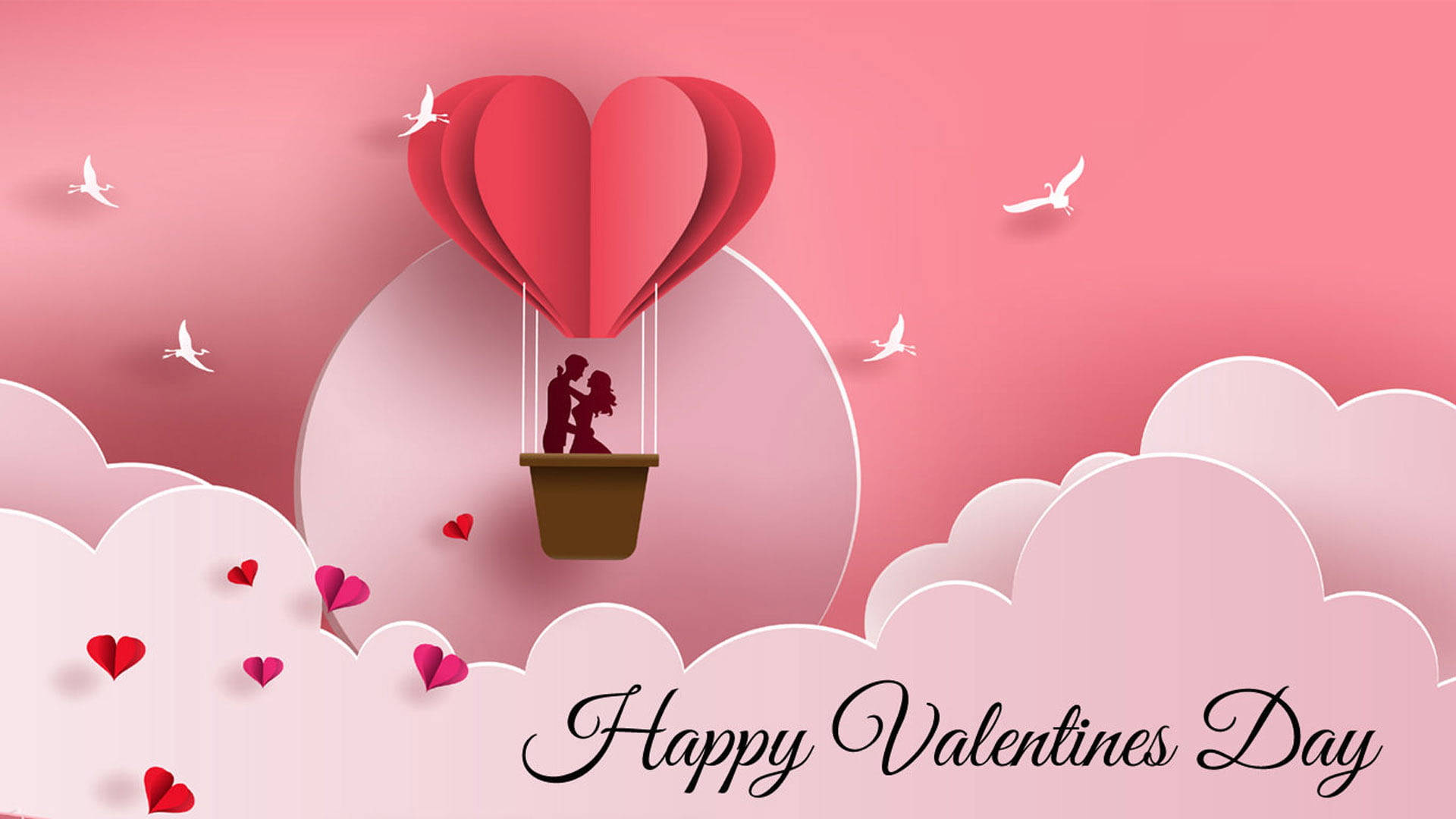 Happy Valentine's Day Hot Air Balloon, paper-cut style, heart-shaped hot air balloon, Full HD Desktop Wallpaper