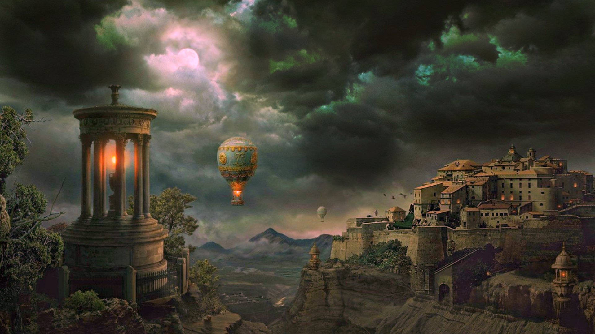 fantasy world, glowing hot air balloon, cliffside village, Full HD Desktop Wallpaper