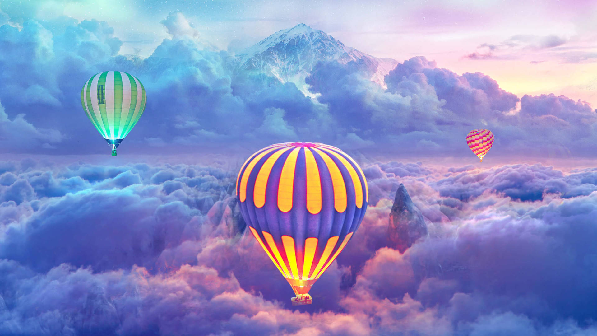 hot air balloon, sea of clouds, snow-capped mountain, Full HD Desktop Wallpaper