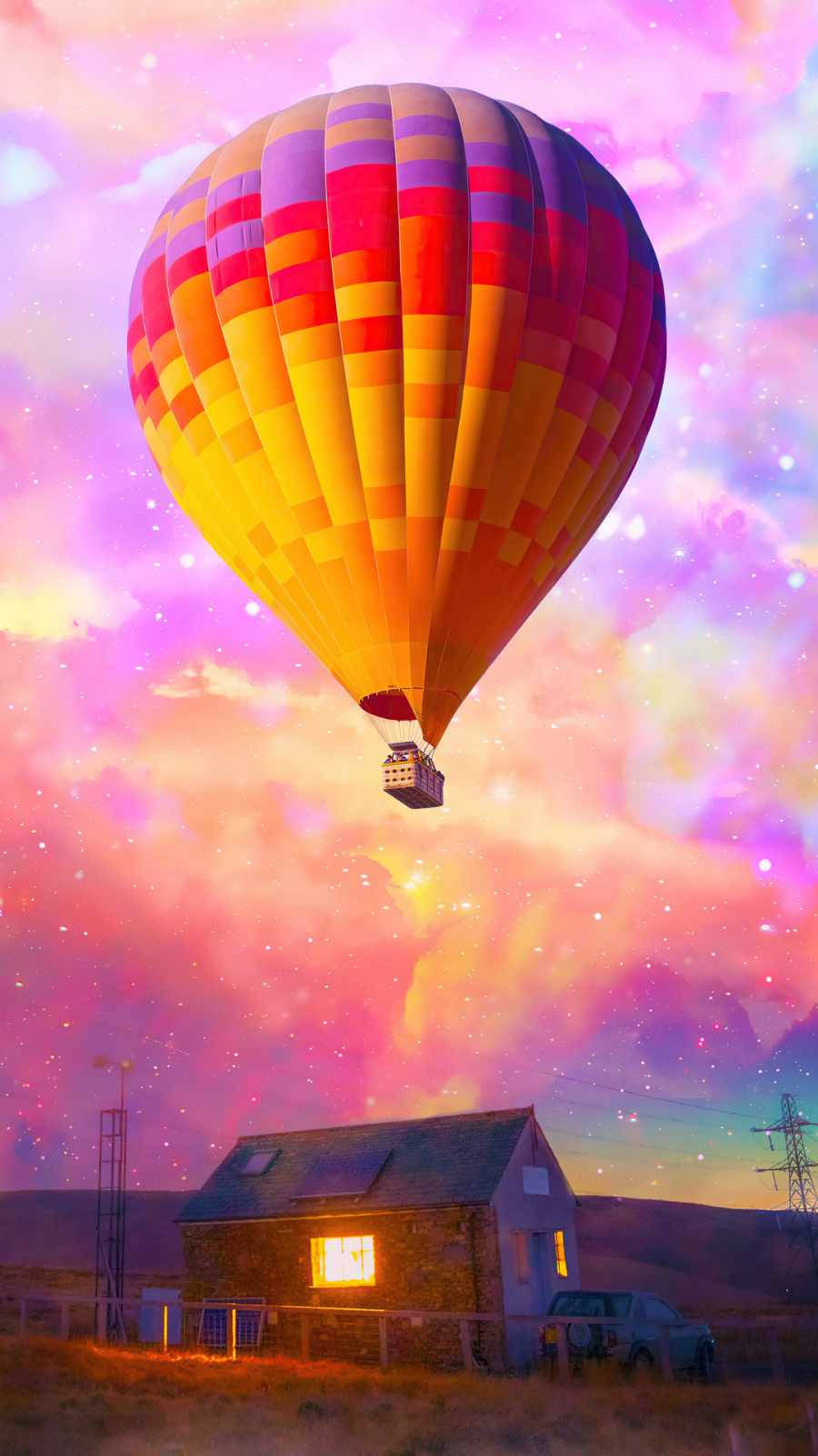 hot air balloon, pink sky, purple starry sky, HD Phone Wallpaper