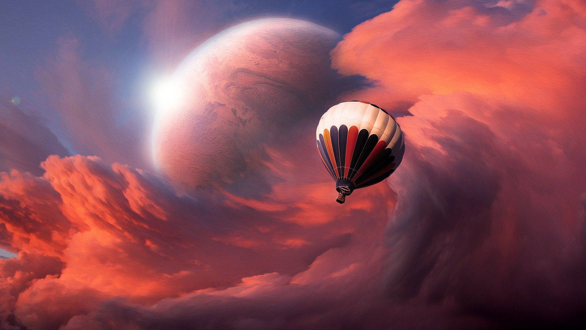 hot air balloon, fiery orange clouds, glowing alien planet, Full HD Desktop Wallpaper